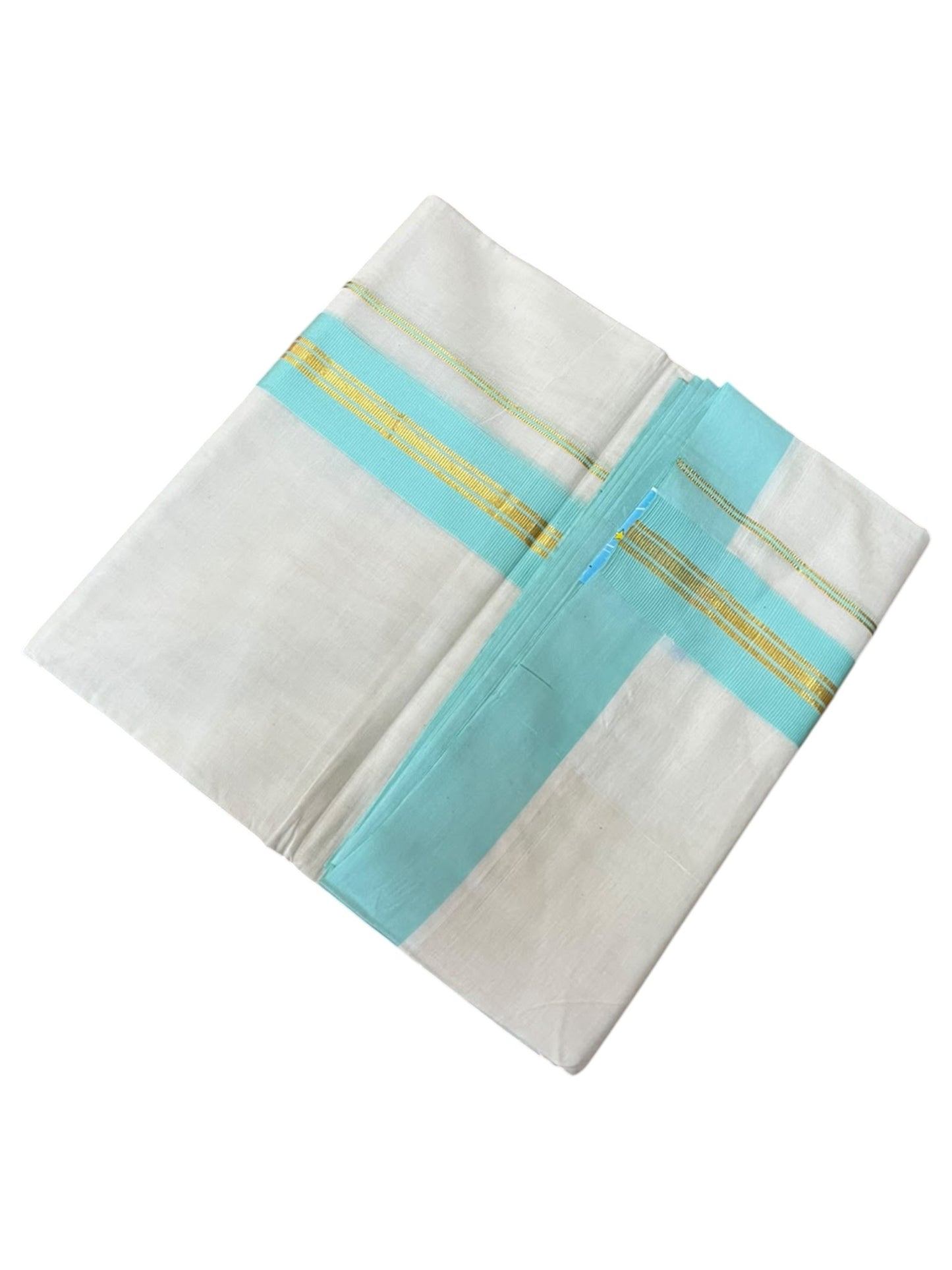Southloom Pure Cotton Mundu with Gold Lines and Turquoise Border (South Indian Kerala Dhoti)