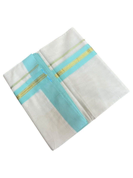 Southloom Pure Cotton Mundu with Gold Lines and Turquoise Border (South Indian Kerala Dhoti)