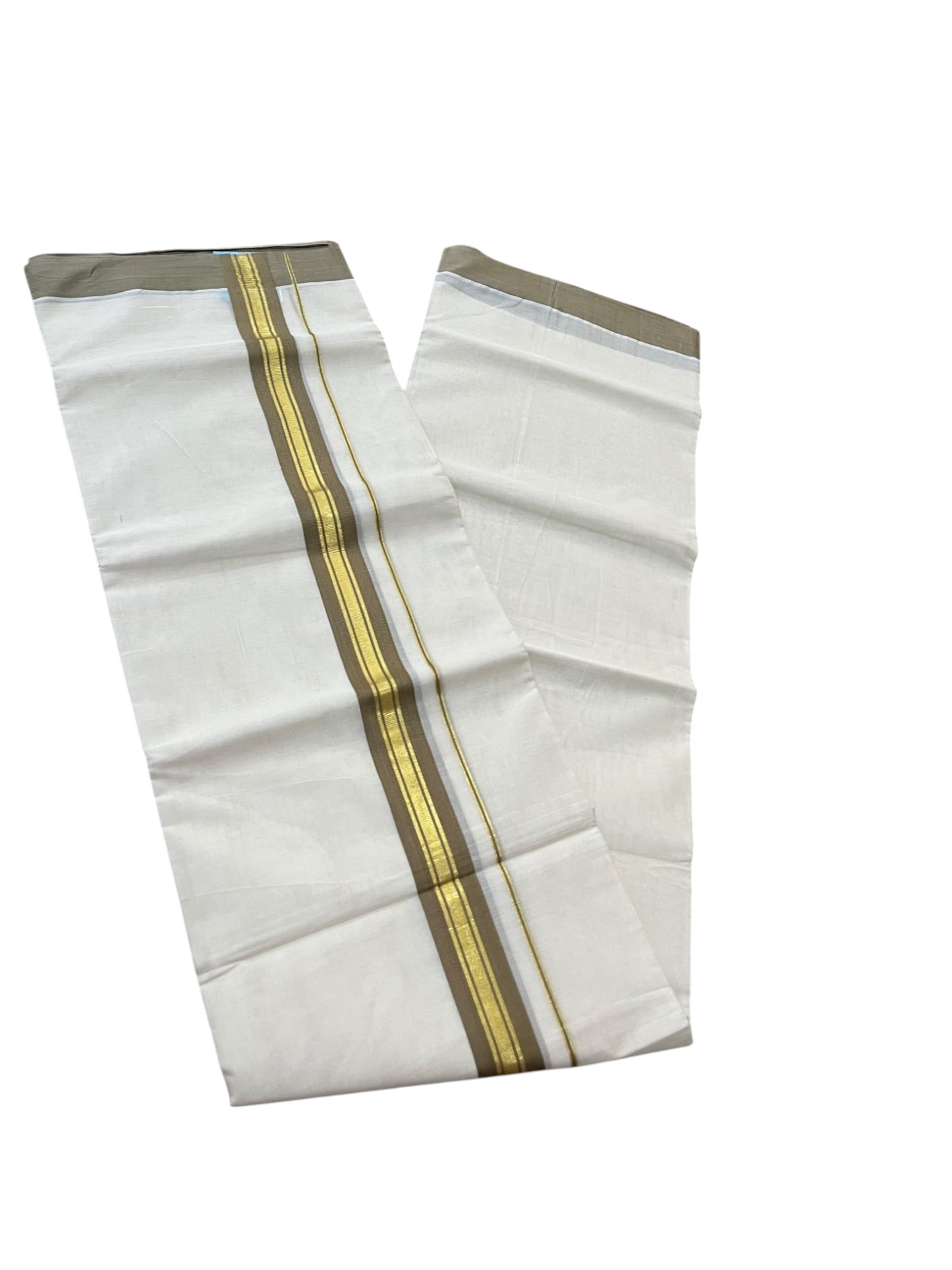 Southloom Pure Cotton Mundu with Gold Lines and Olive Green Border (South Indian Kerala Dhoti)