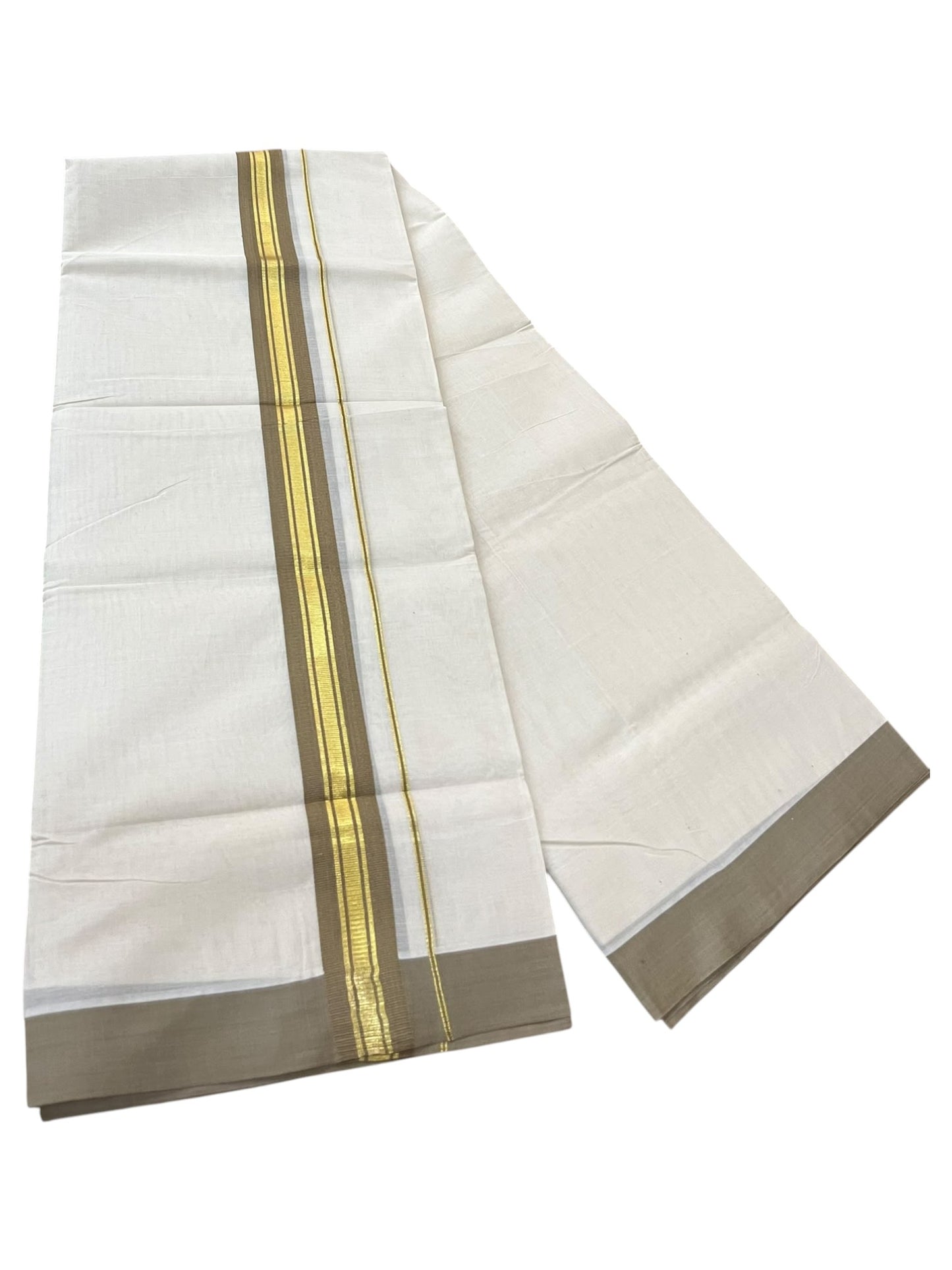 Southloom Pure Cotton Mundu with Gold Lines and Olive Green Border (South Indian Kerala Dhoti)