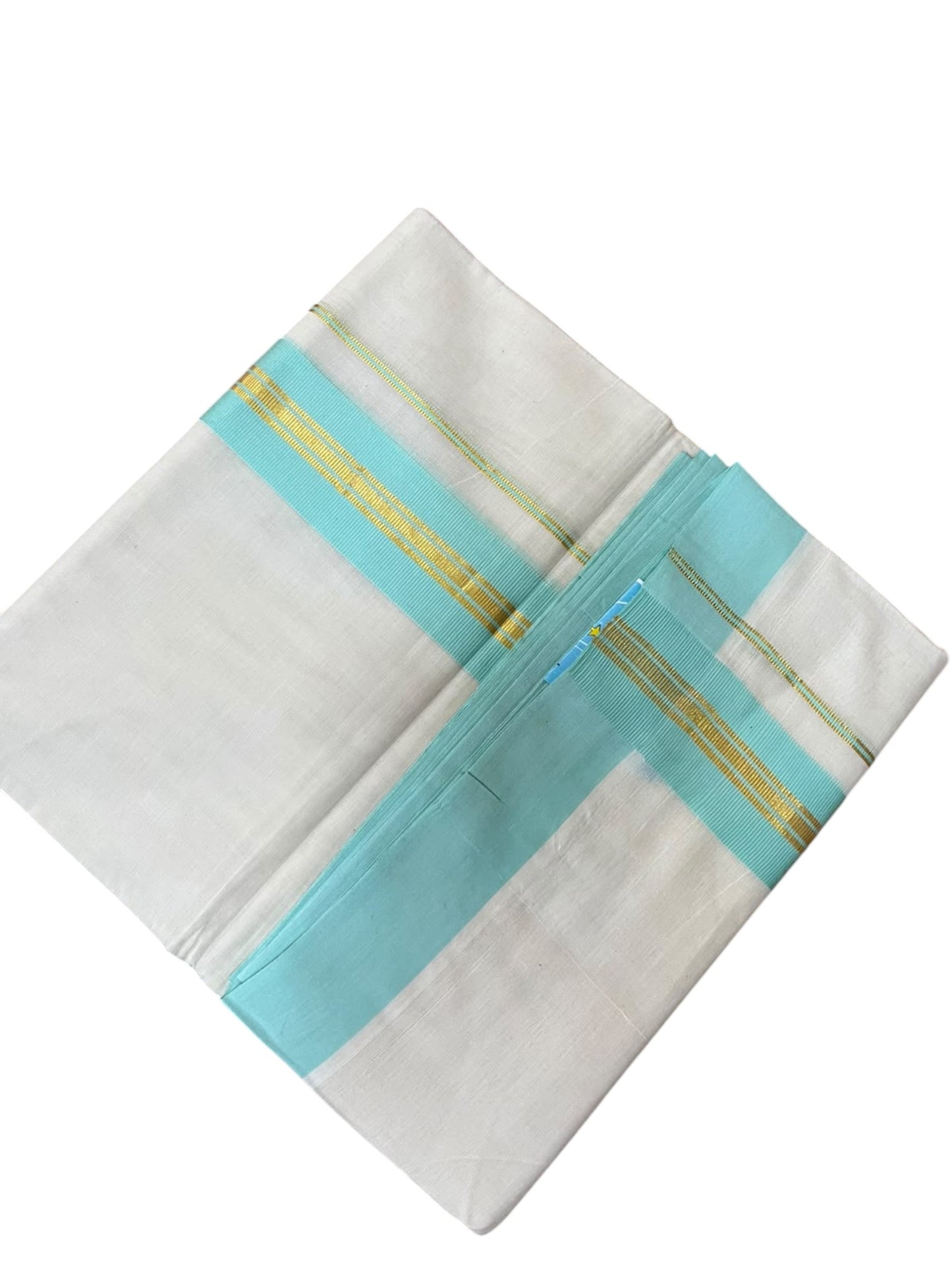 Southloom Pure Cotton Mundu with Gold Lines and Turquoise Border (South Indian Kerala Dhoti)