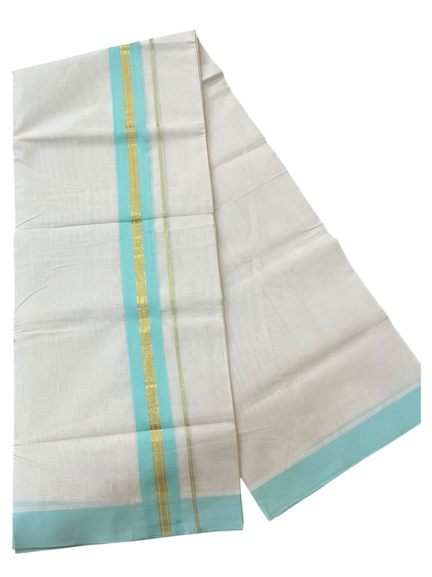 Southloom Pure Cotton Mundu with Gold Lines and Turquoise Border (South Indian Kerala Dhoti)