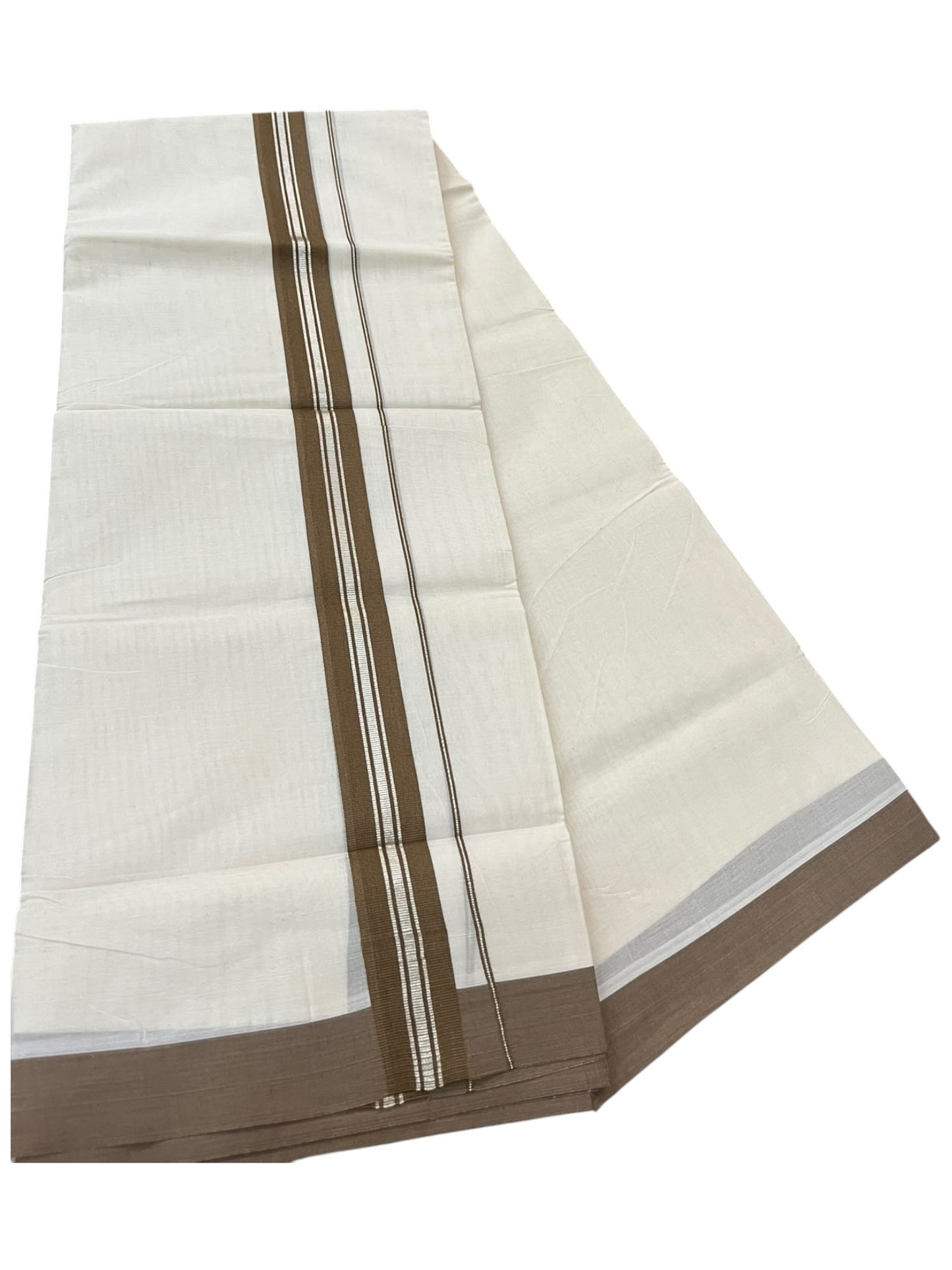 Southloom Pure Cotton Mundu with Silver Lines and Olive Green Border (South Indian Kerala Dhoti)