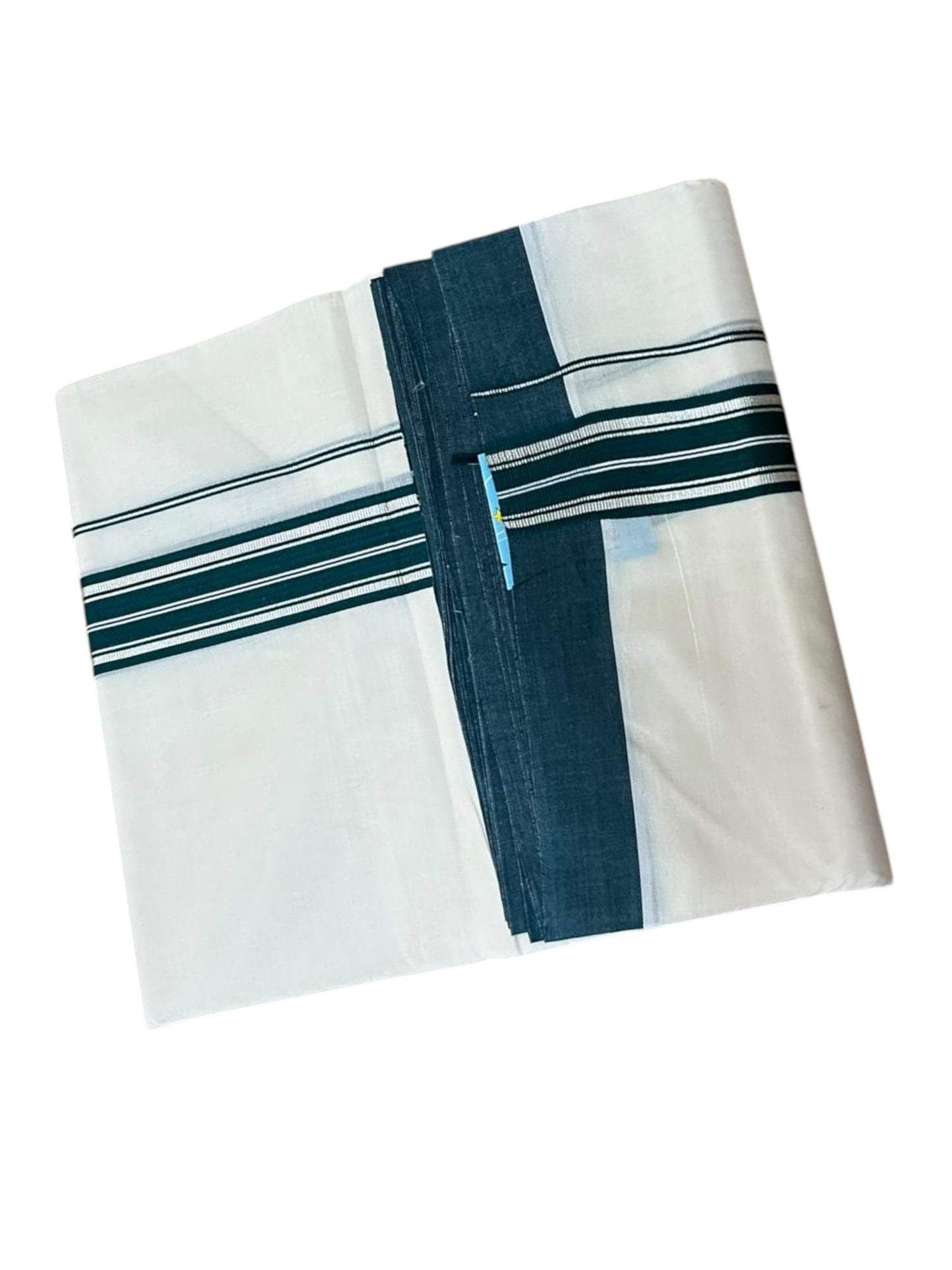 Southloom Pure Cotton Mundu with Silver Lines and Green Border (South Indian Kerala Dhoti)