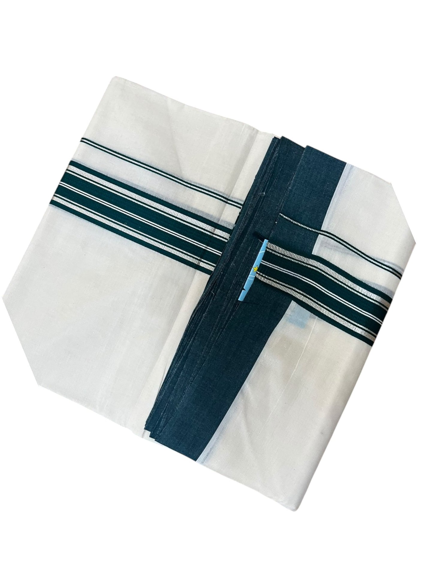 Southloom Pure Cotton Mundu with Silver Lines and Green Border (South Indian Kerala Dhoti)