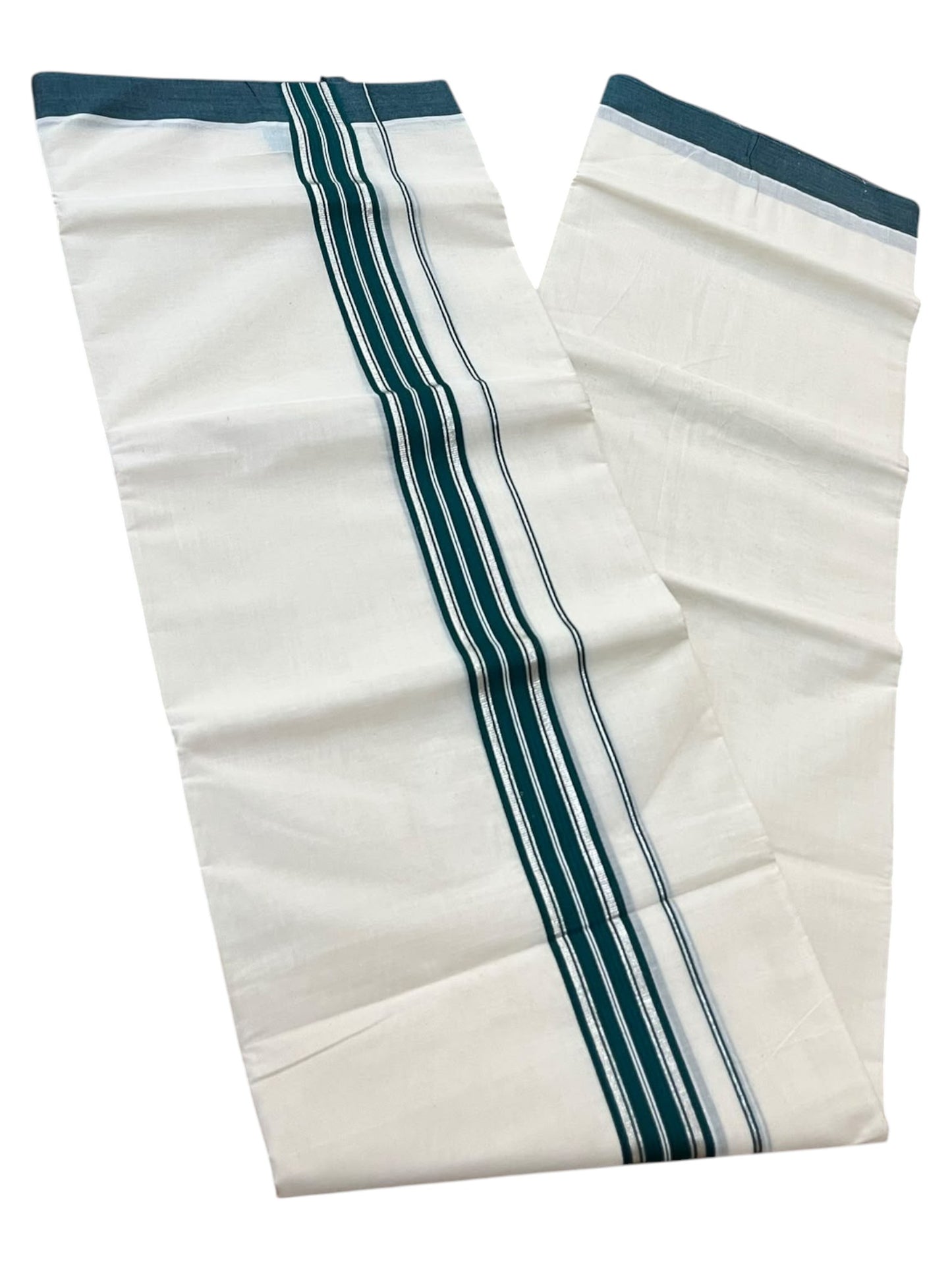 Southloom Pure Cotton Mundu with Silver Lines and Green Border (South Indian Kerala Dhoti)