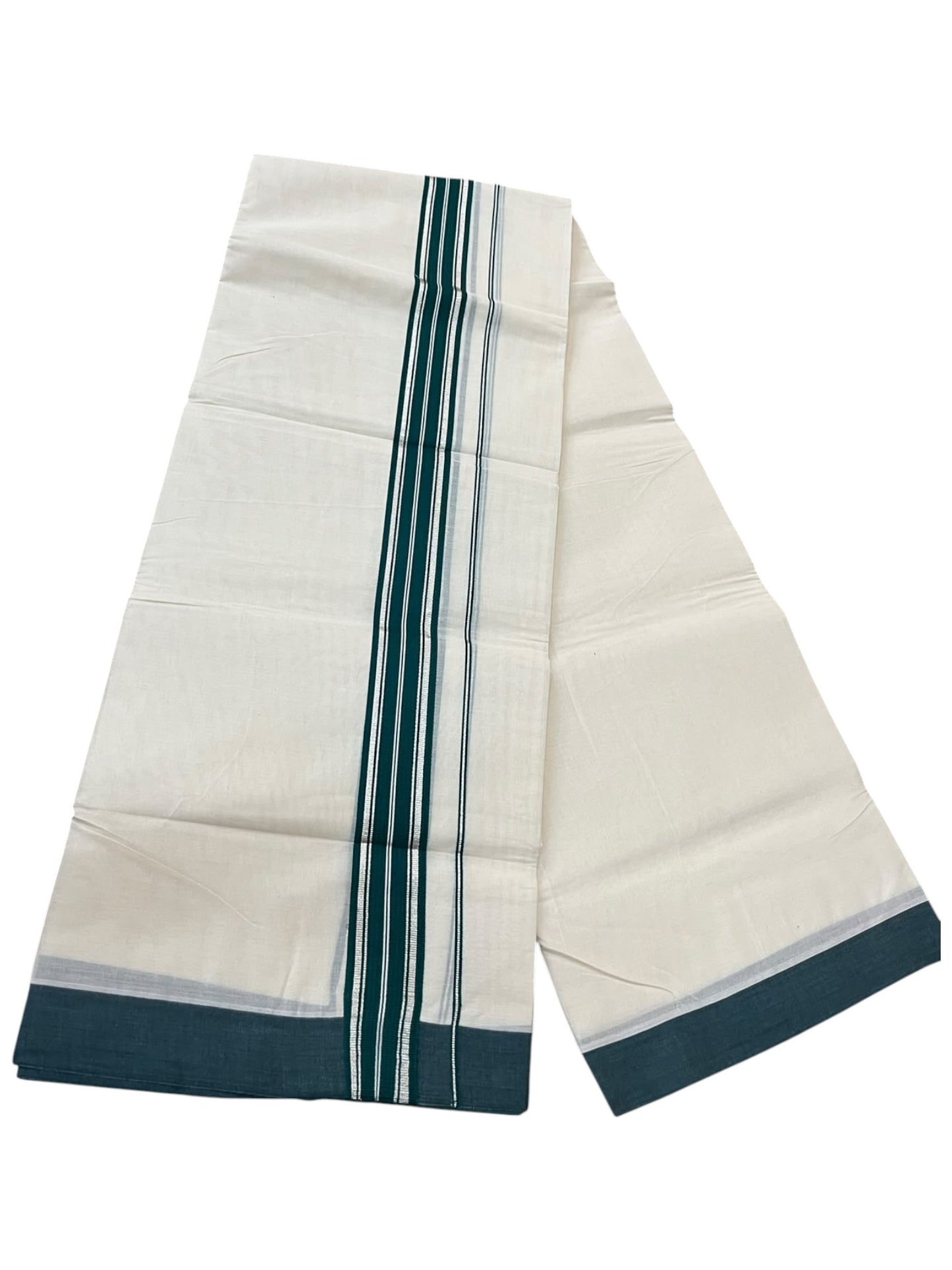 Southloom Pure Cotton Mundu with Silver Lines and Green Border (South Indian Kerala Dhoti)