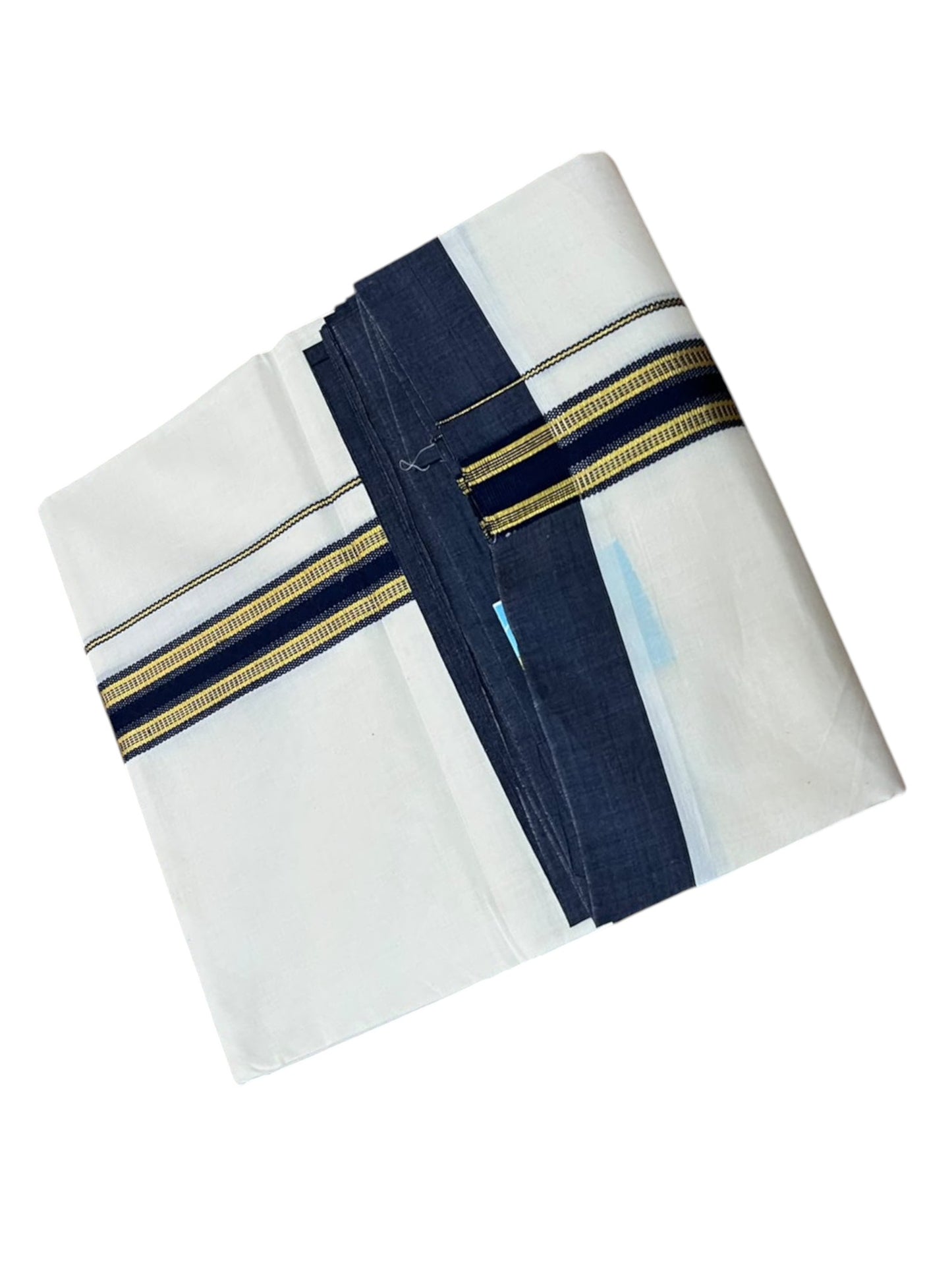 Southloom Pure Cotton Mundu with Gold Lines and Blue Border (South Indian Kerala Dhoti)