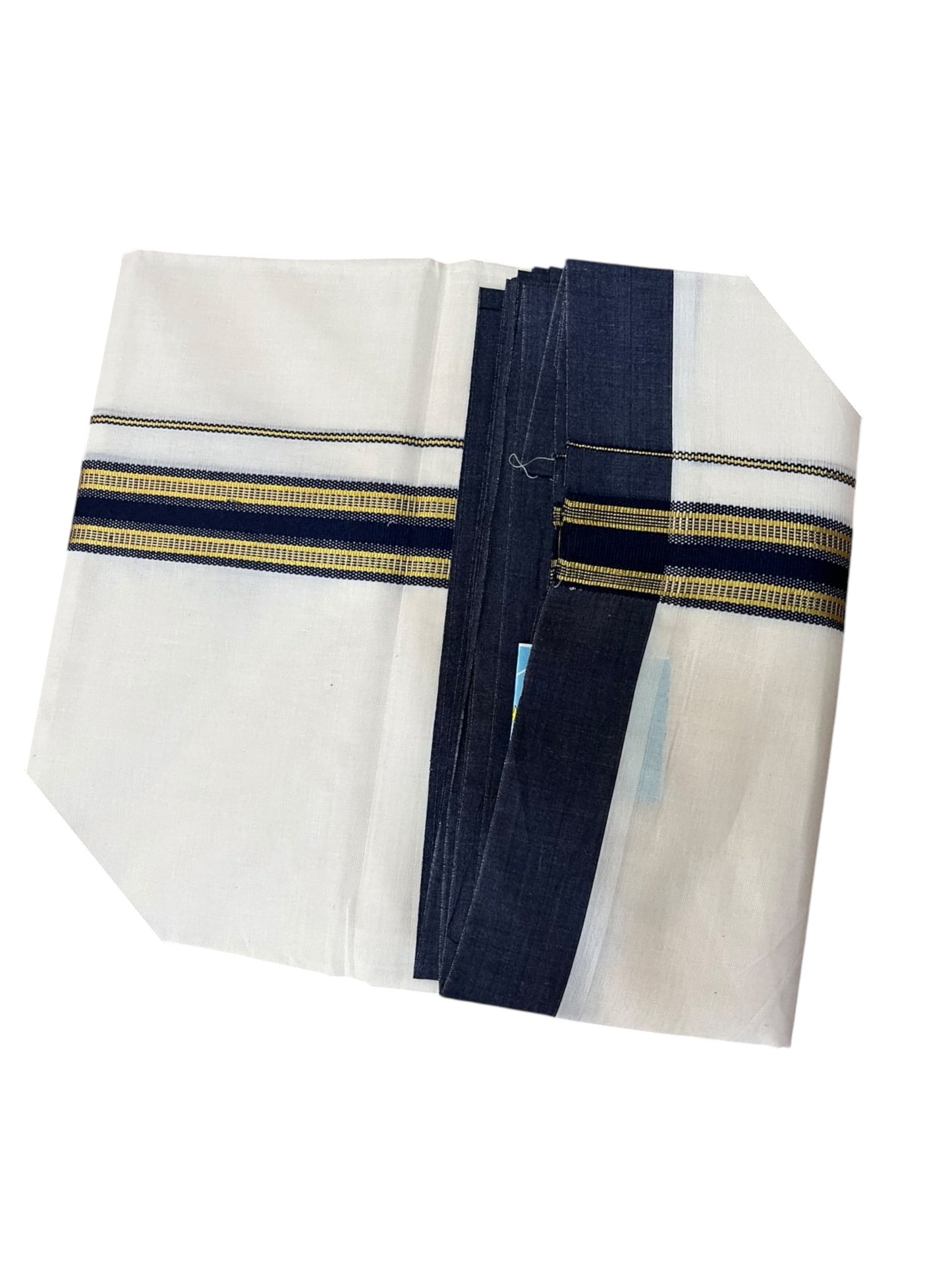Southloom Pure Cotton Mundu with Gold Lines and Blue Border (South Indian Kerala Dhoti)