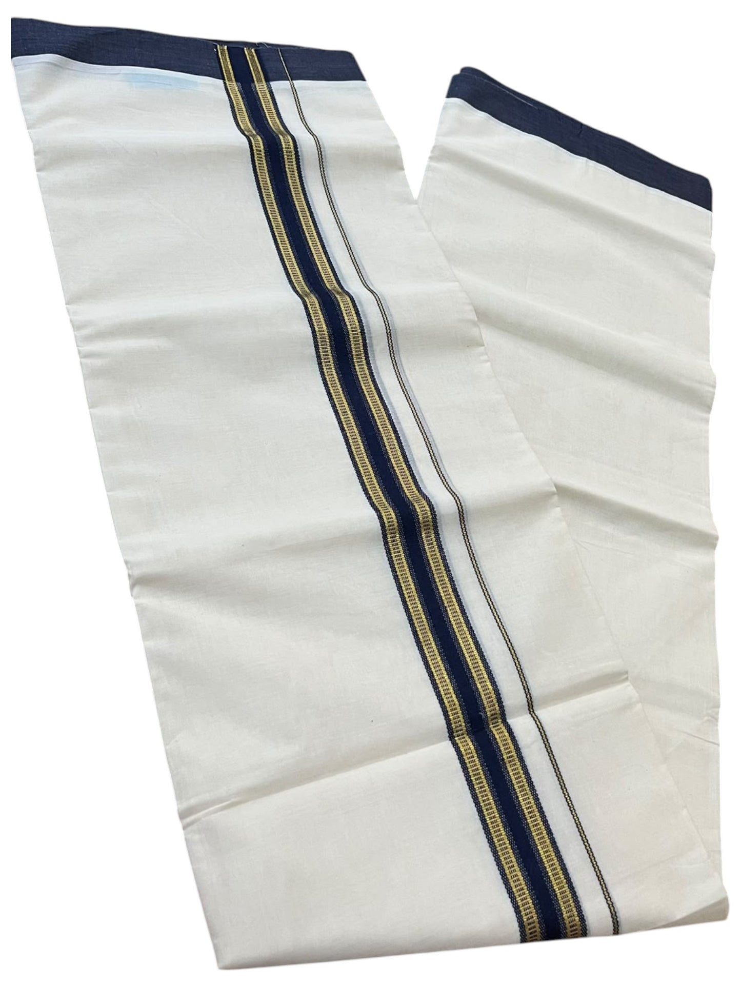 Southloom Pure Cotton Mundu with Gold Lines and Blue Border (South Indian Kerala Dhoti)