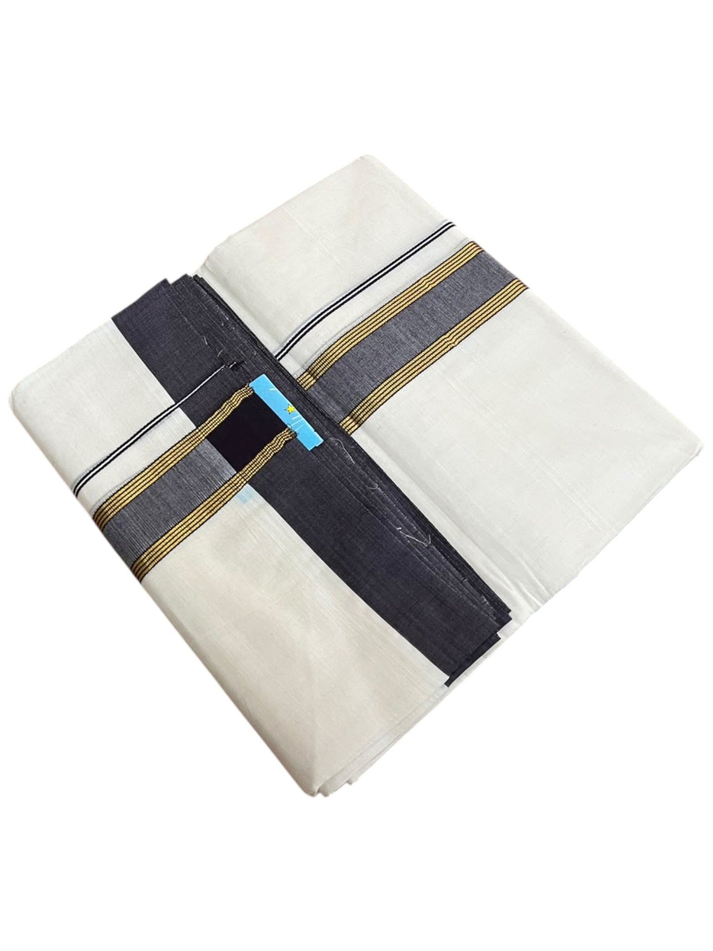 Southloom Pure Cotton Mundu with Gold Lines and Blue Border (South Indian Kerala Dhoti)
