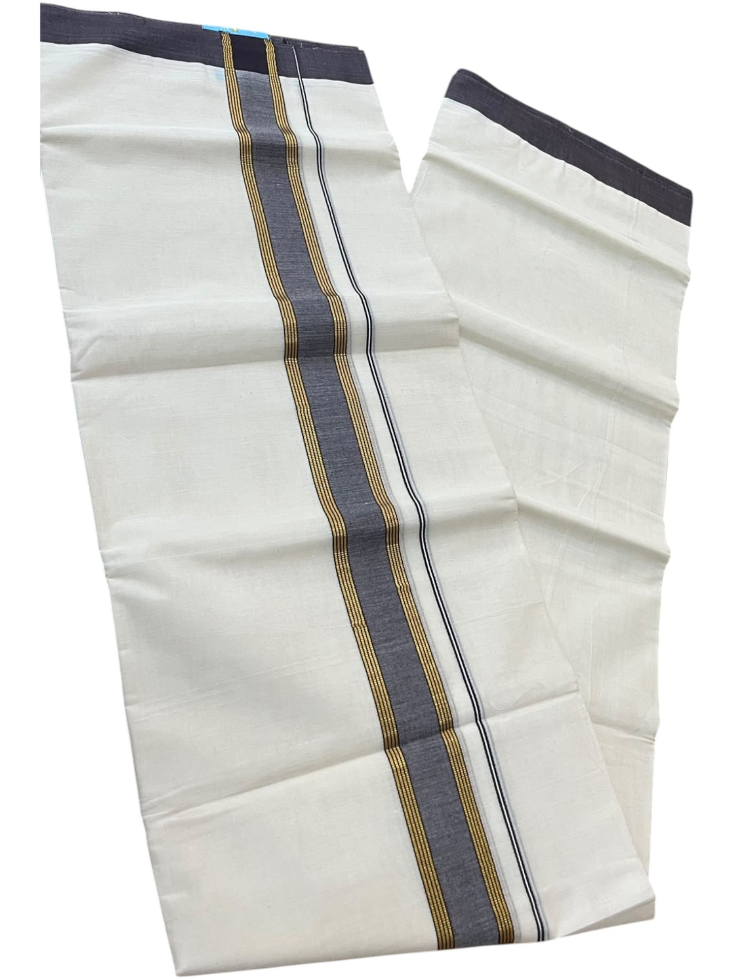 Southloom Pure Cotton Mundu with Gold Lines and Blue Border (South Indian Kerala Dhoti)