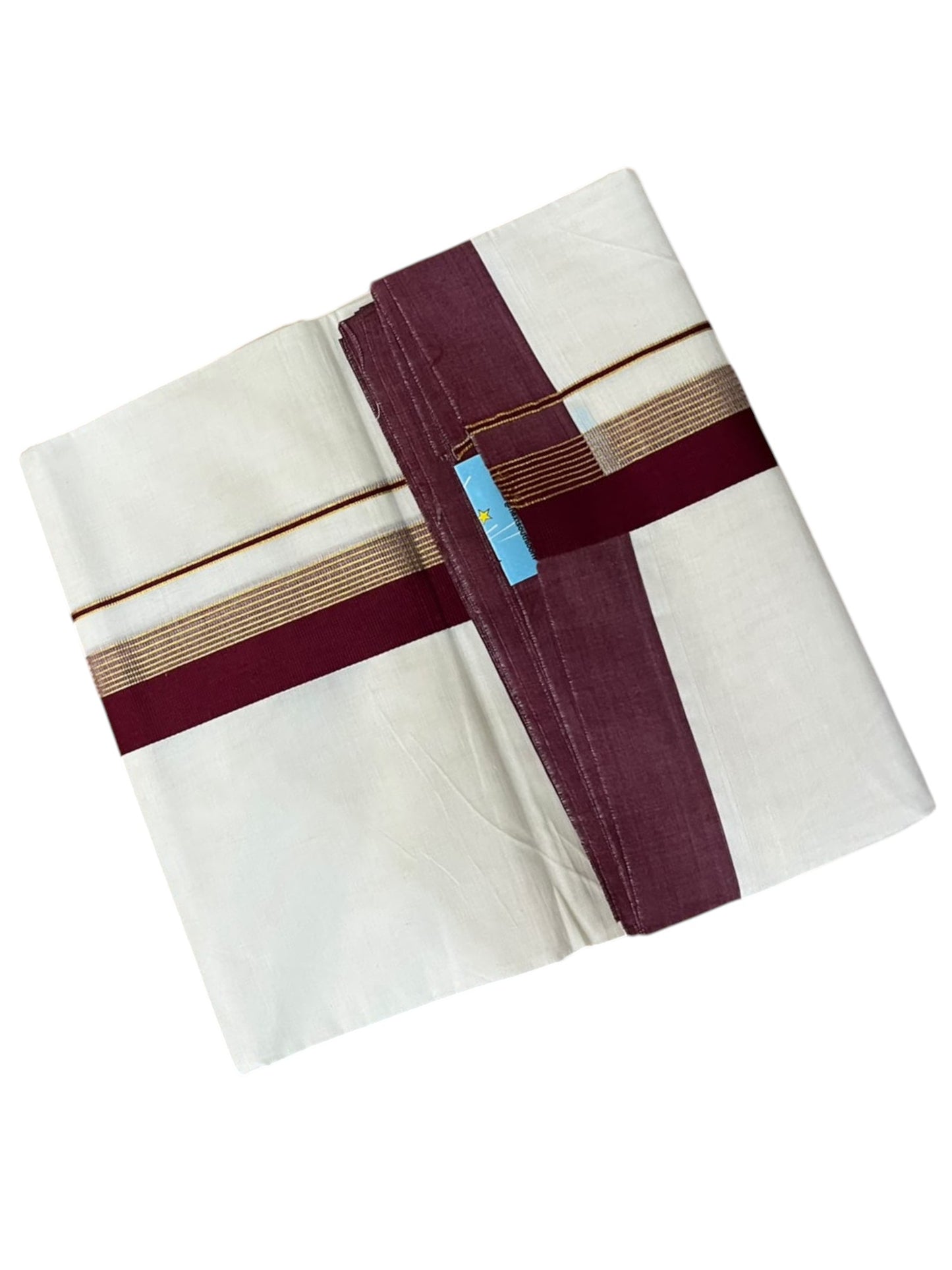 Southloom Pure Cotton Mundu with Gold Lines and Maroon Border (South Indian Kerala Dhoti)