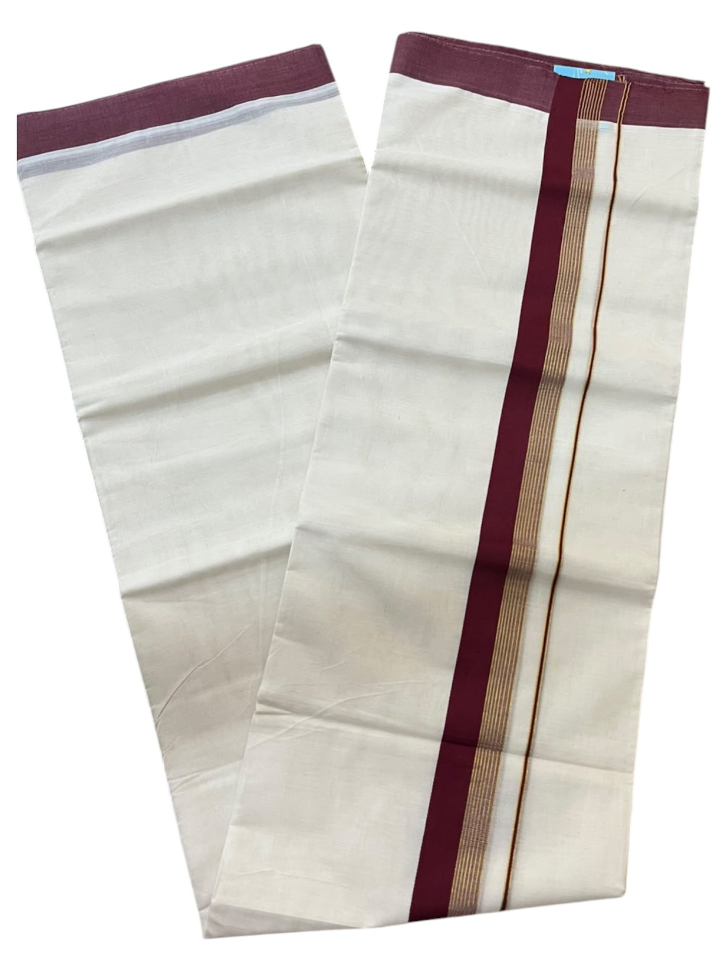 Southloom Pure Cotton Mundu with Gold Lines and Maroon Border (South Indian Kerala Dhoti)
