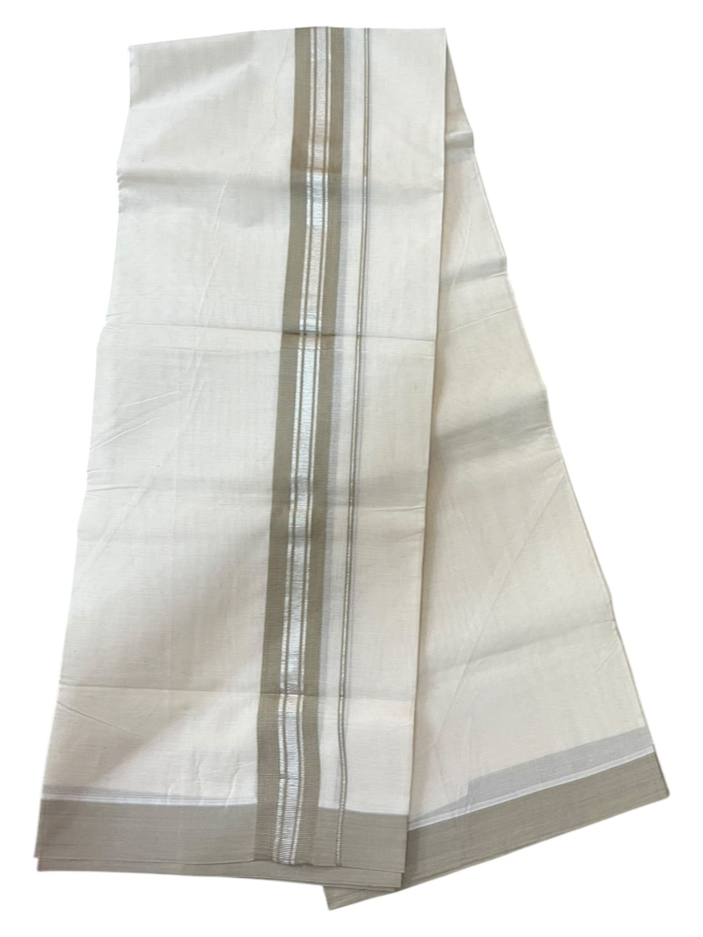 Southloom Pure Cotton Mundu with Silver Lines and Gray Border (South Indian Kerala Dhoti)
