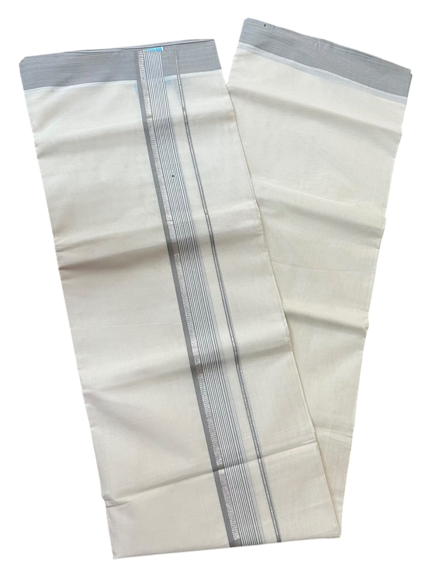 Southloom Pure Cotton Mundu with Silver Lines and Gray Border (South Indian Kerala Dhoti)