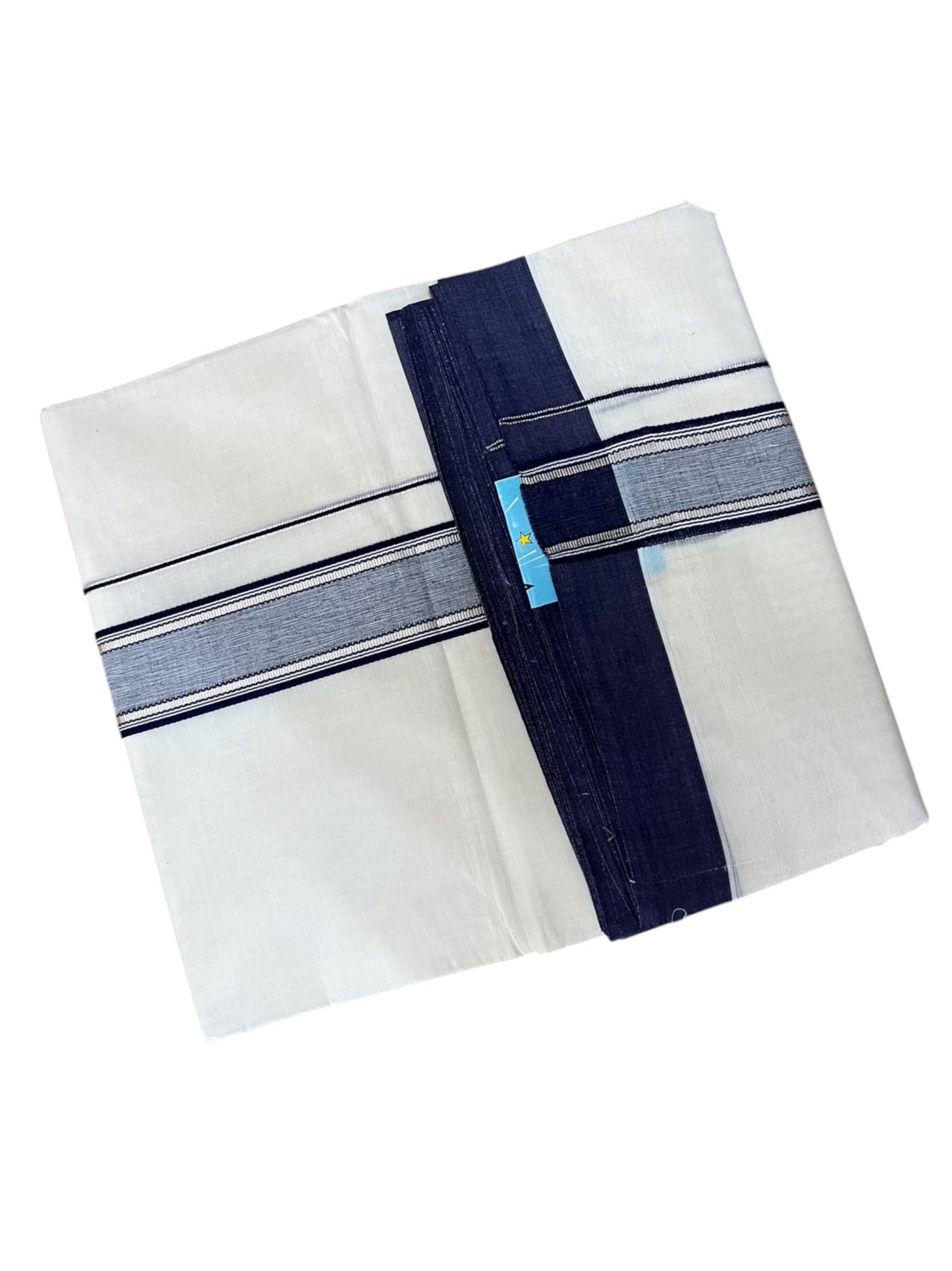 Southloom Pure Cotton Mundu with Silver Lines and Blue Border (South Indian Kerala Dhoti)