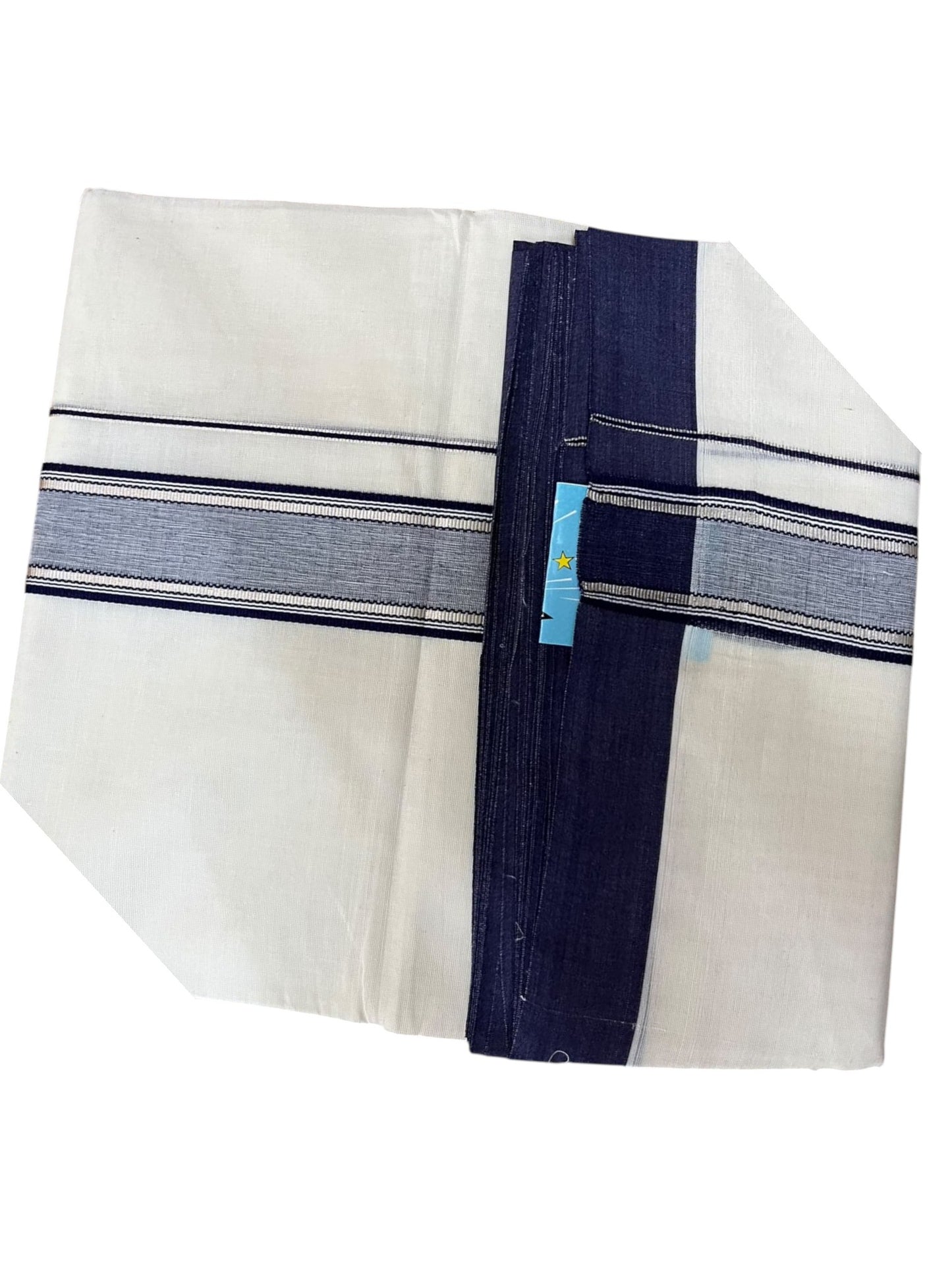 Southloom Pure Cotton Mundu with Silver Lines and Blue Border (South Indian Kerala Dhoti)