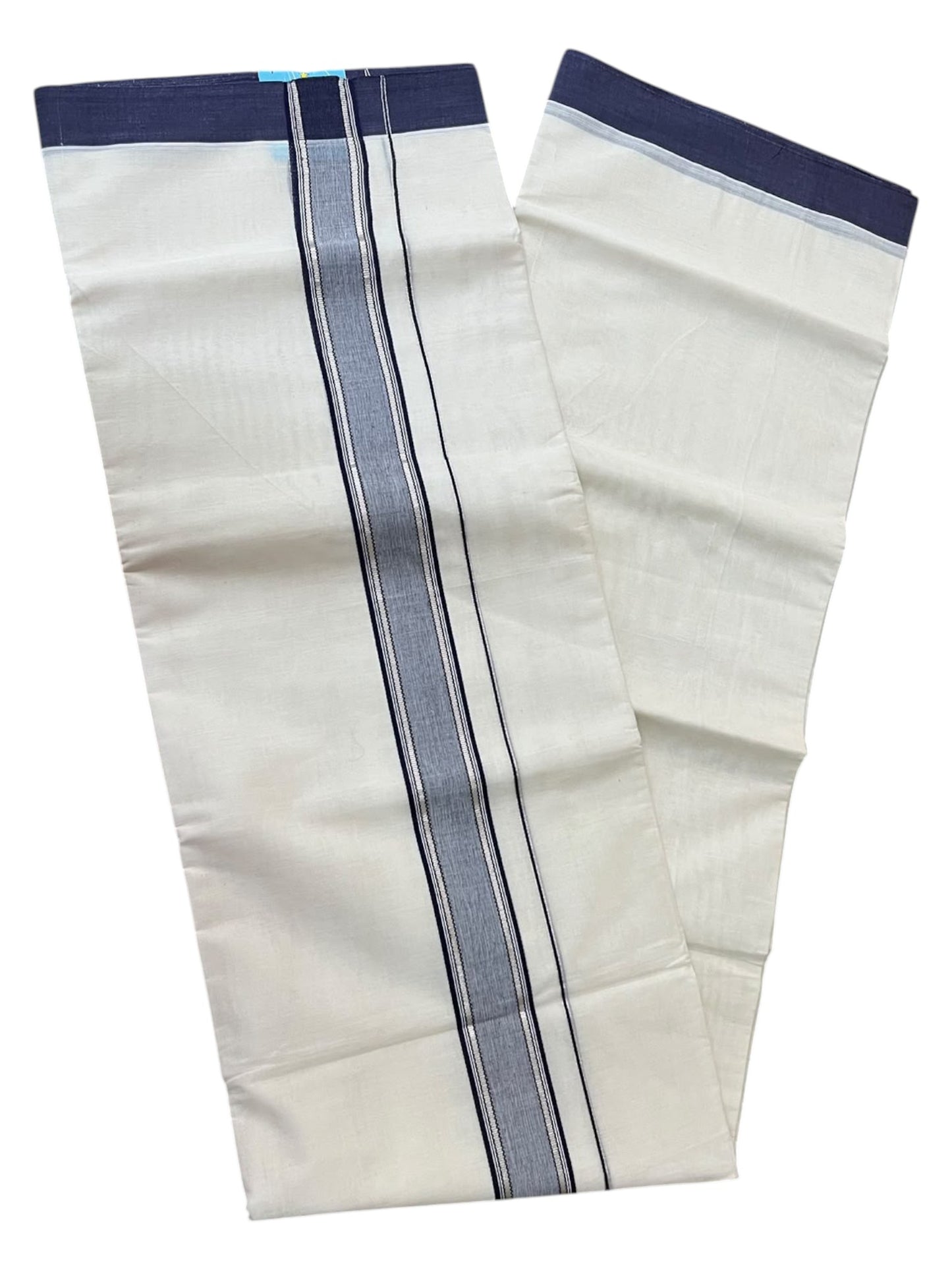 Southloom Pure Cotton Mundu with Silver Lines and Blue Border (South Indian Kerala Dhoti)