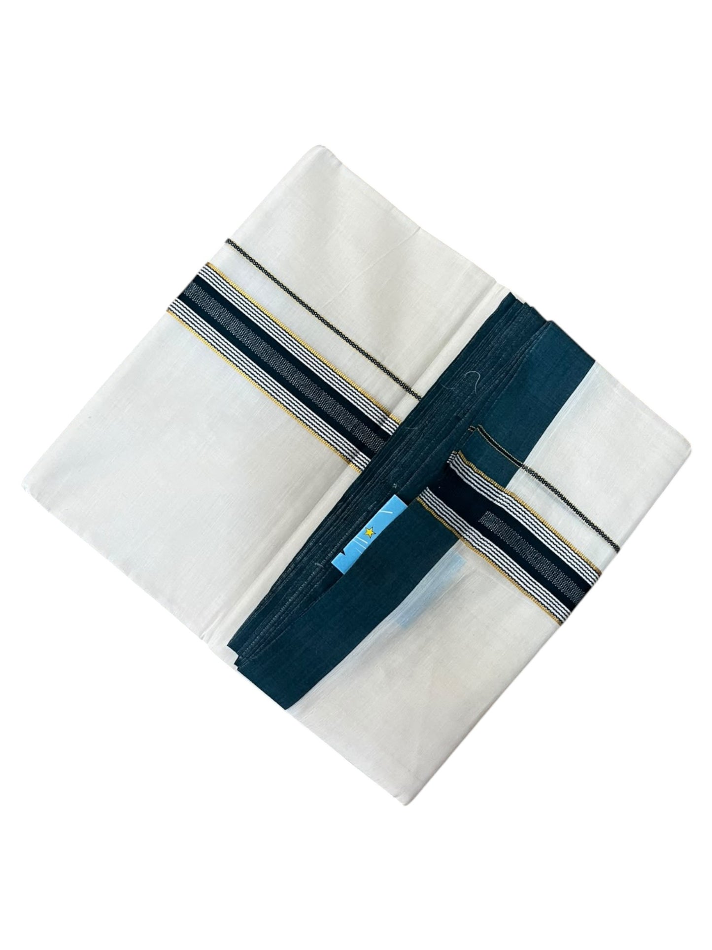 Southloom Pure Cotton Mundu with Silver Lines and Green Border (South Indian Kerala Dhoti)