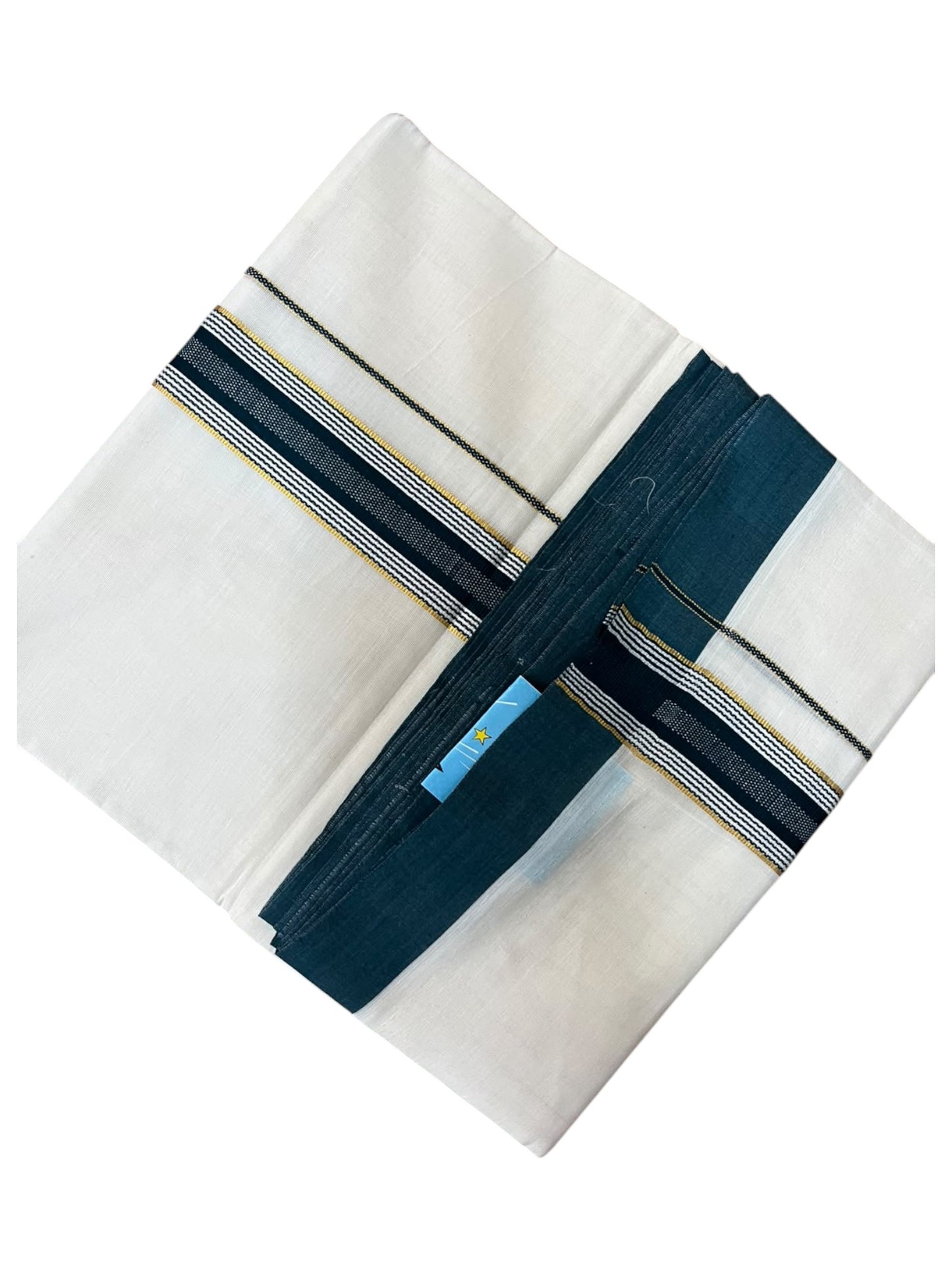 Southloom Pure Cotton Mundu with Silver Lines and Green Border (South Indian Kerala Dhoti)