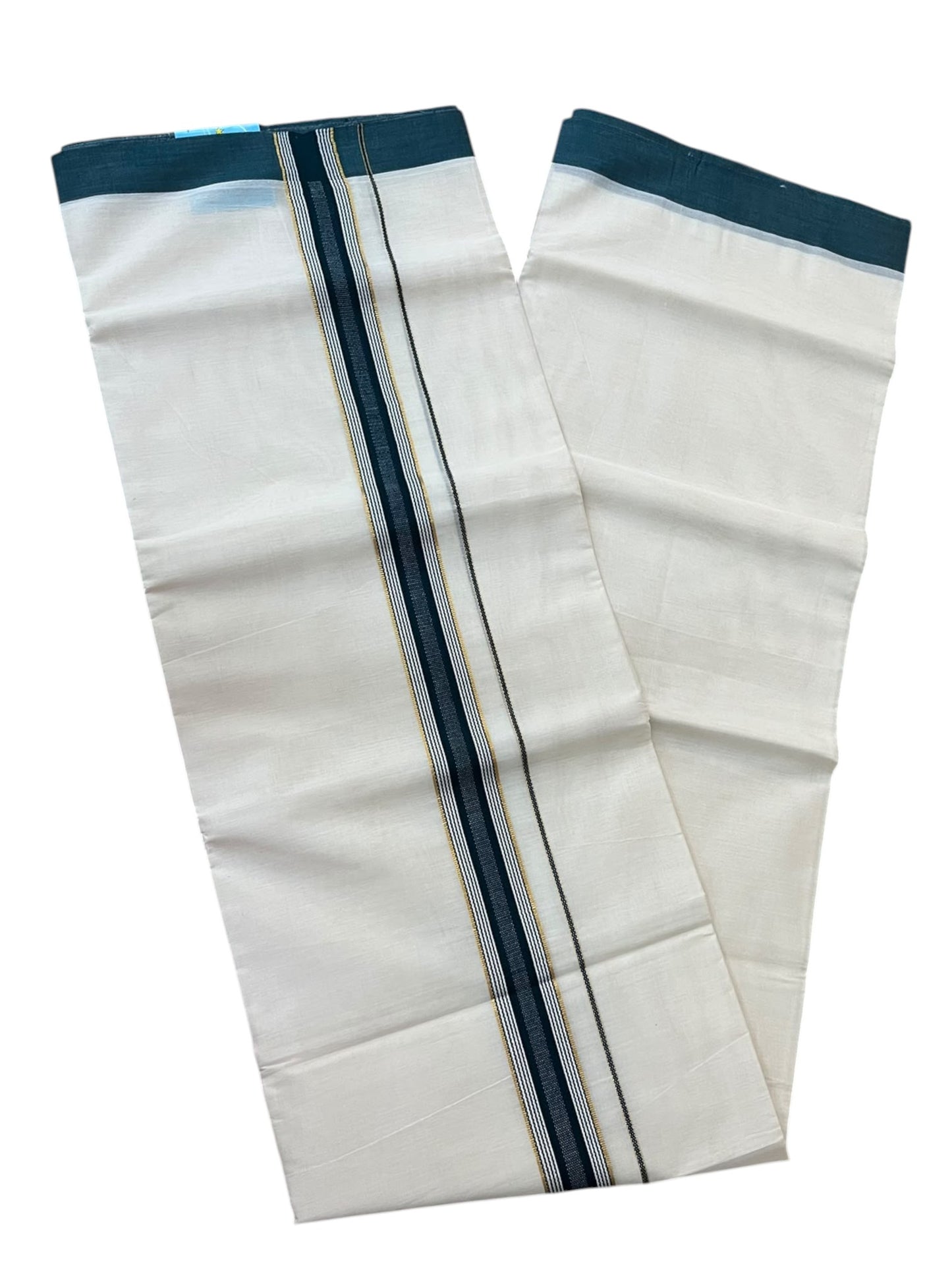Southloom Pure Cotton Mundu with Silver Lines and Green Border (South Indian Kerala Dhoti)