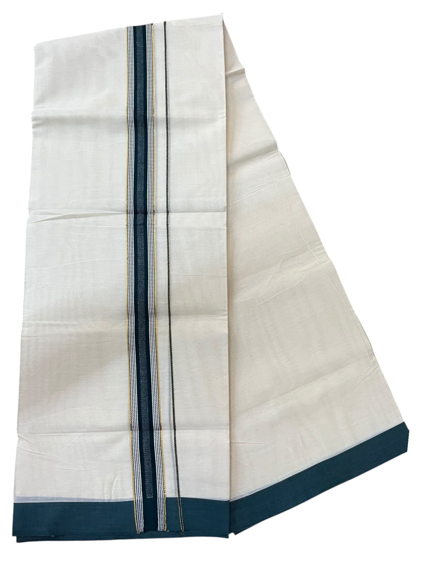 Southloom Pure Cotton Mundu with Silver Lines and Green Border (South Indian Kerala Dhoti)