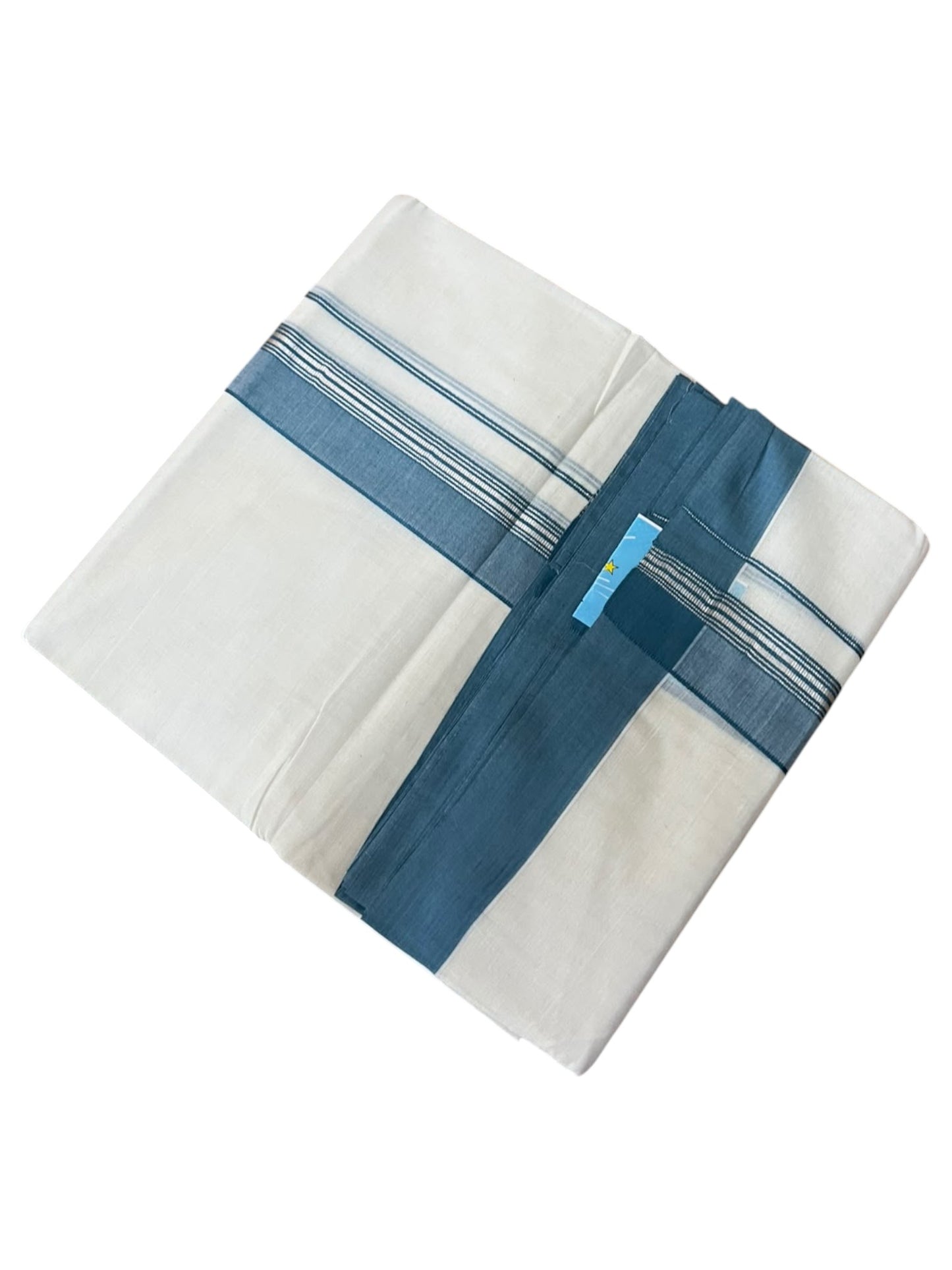 Southloom Pure Cotton Mundu with Silver Lines and Blue Border (South Indian Kerala Dhoti)