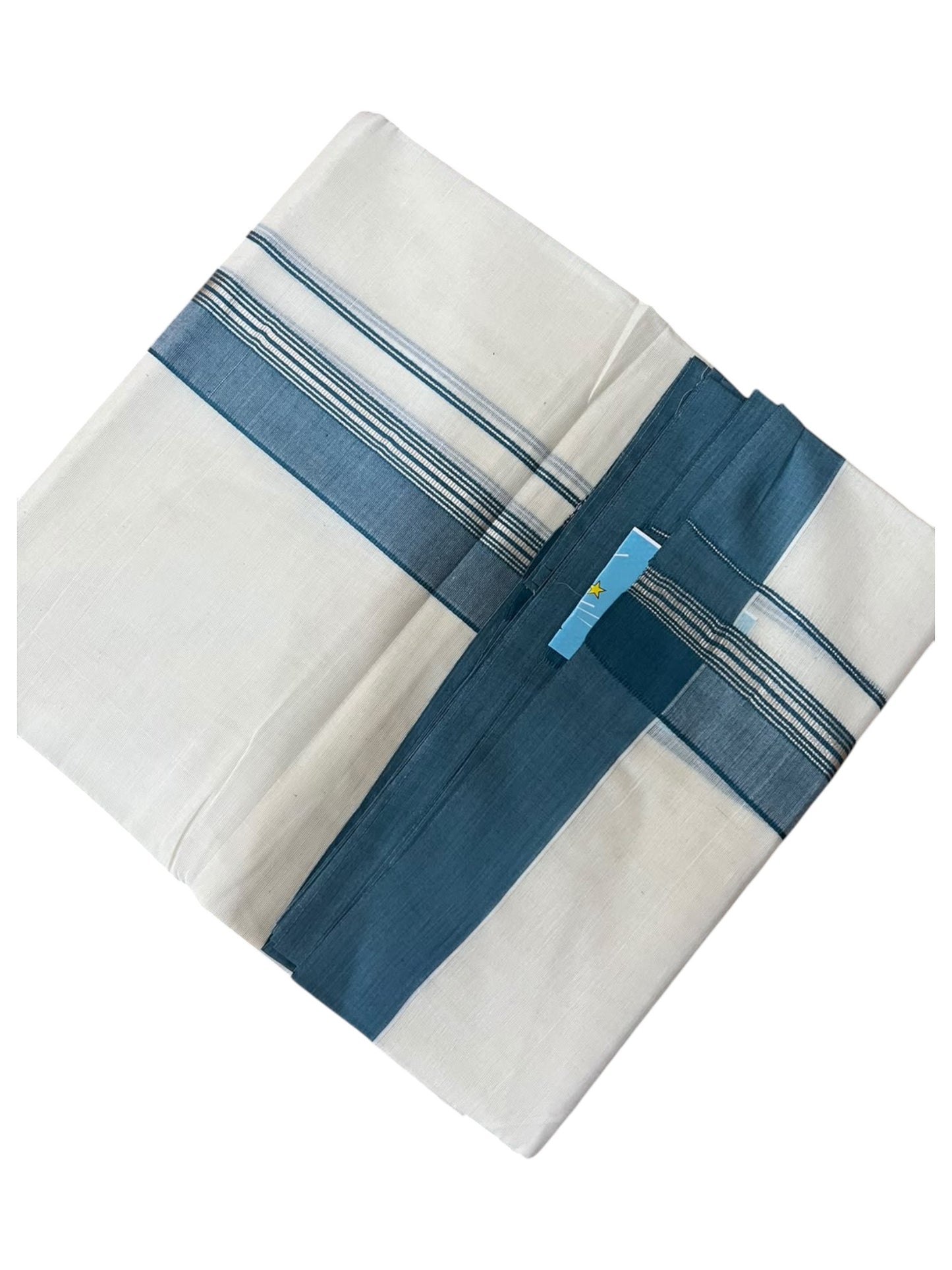 Southloom Pure Cotton Mundu with Silver Lines and Blue Border (South Indian Kerala Dhoti)