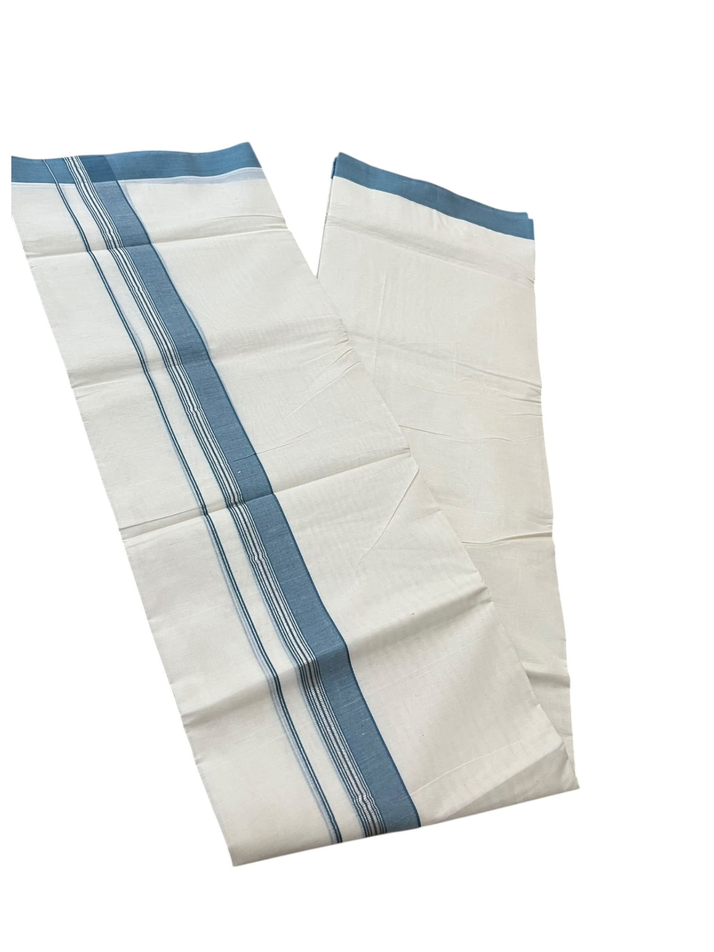 Southloom Pure Cotton Mundu with Silver Lines and Blue Border (South Indian Kerala Dhoti)