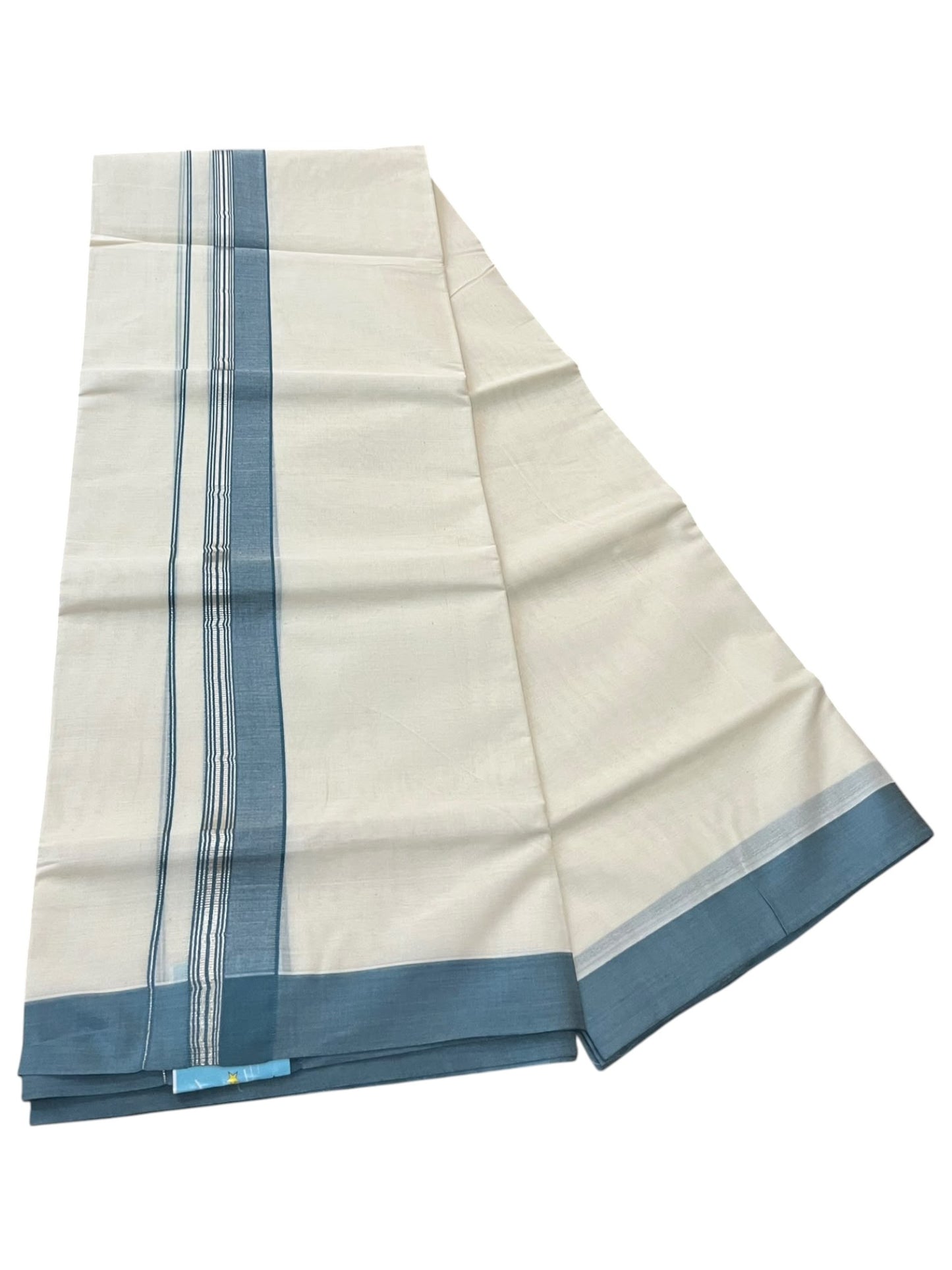 Southloom Pure Cotton Mundu with Silver Lines and Blue Border (South Indian Kerala Dhoti)