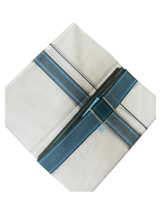 Southloom Pure Cotton Mundu with Silver Lines and Blue Border (South Indian Kerala Dhoti)