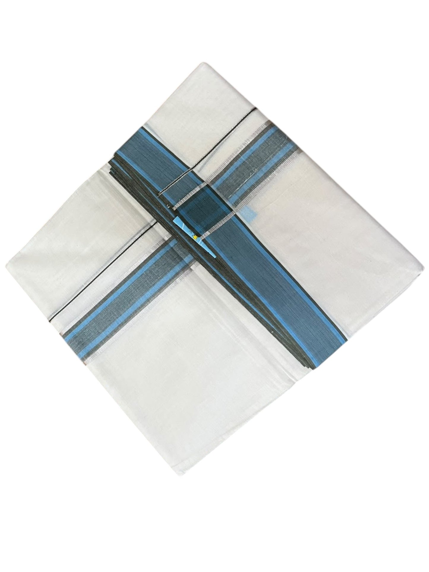 Southloom Pure Cotton Mundu with Silver Lines and Blue Border (South Indian Kerala Dhoti)