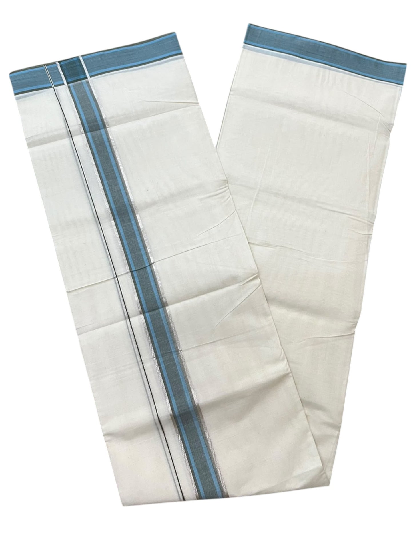 Southloom Pure Cotton Mundu with Silver Lines and Blue Border (South Indian Kerala Dhoti)
