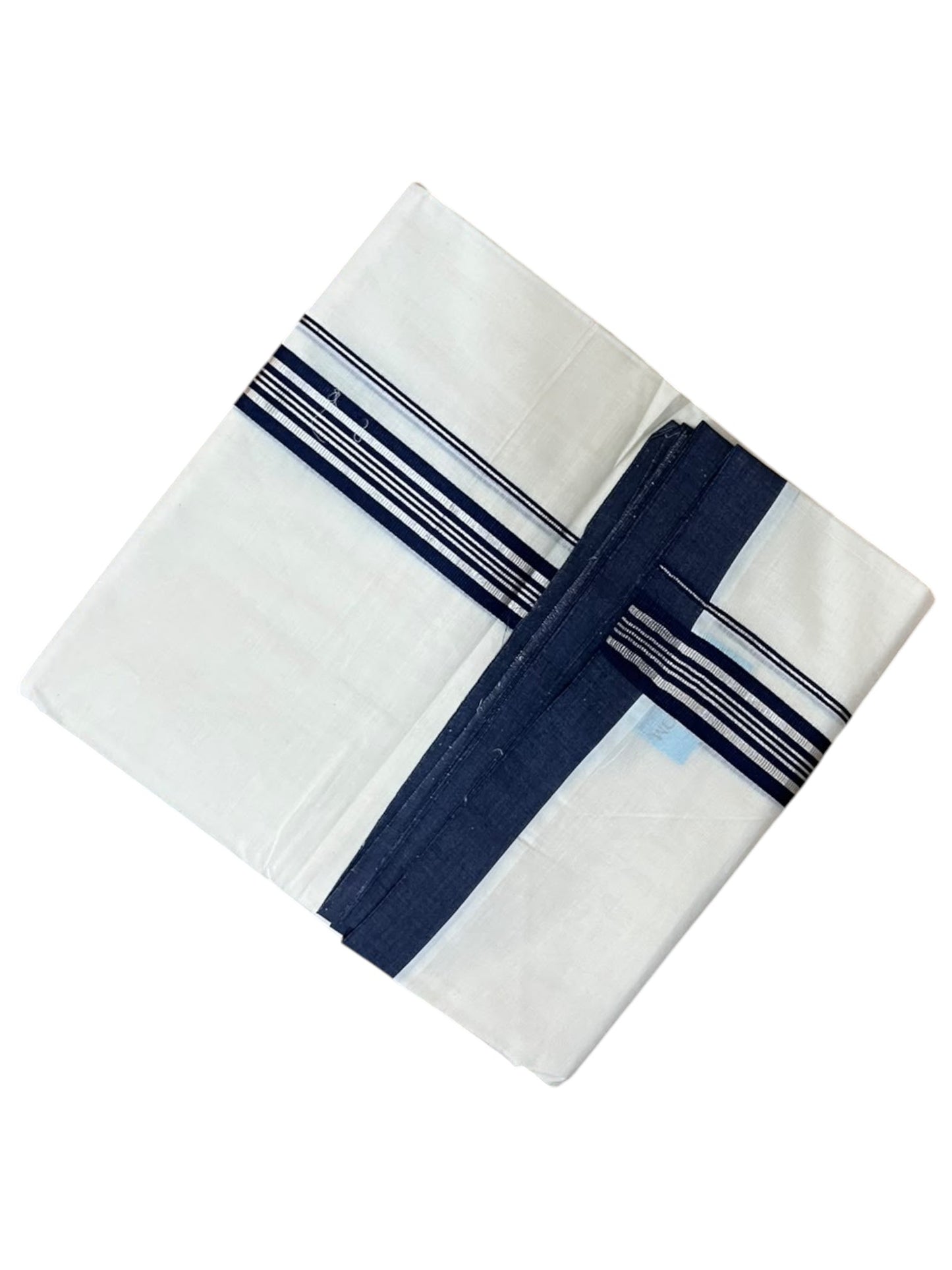 Southloom Pure Cotton Mundu with Silver Lines and Blue Border (South Indian Kerala Dhoti)