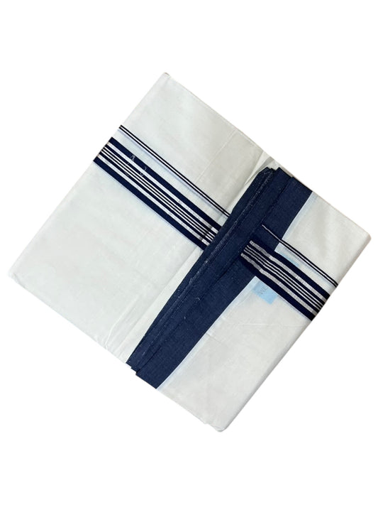 Southloom Pure Cotton Mundu with Silver Lines and Blue Border (South Indian Kerala Dhoti)
