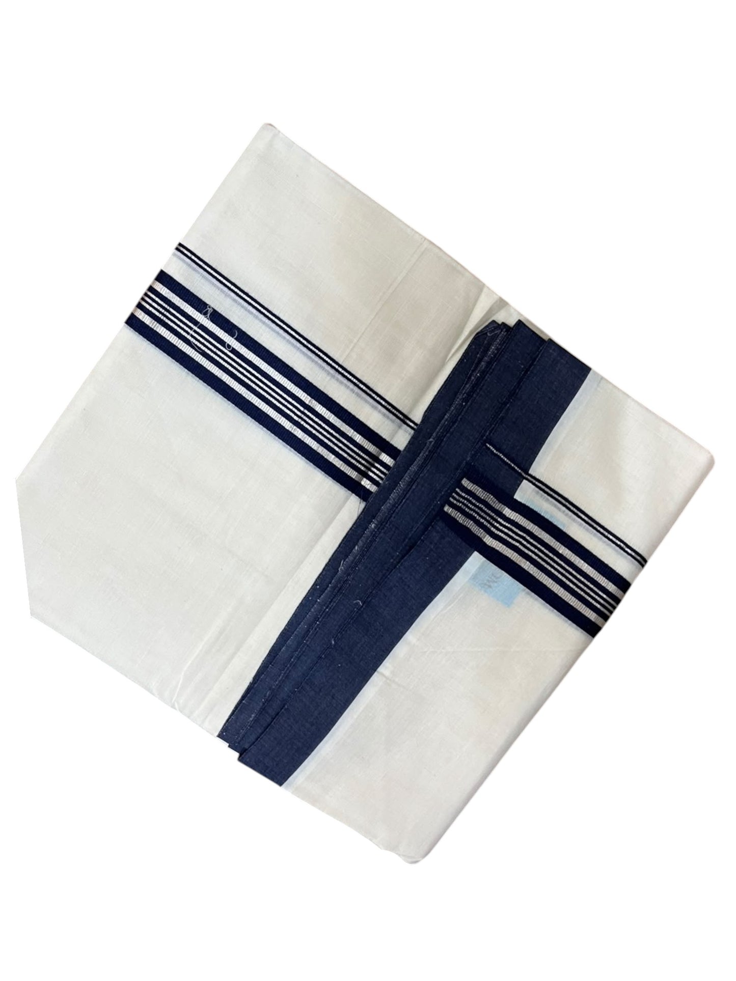 Southloom Pure Cotton Mundu with Silver Lines and Blue Border (South Indian Kerala Dhoti)