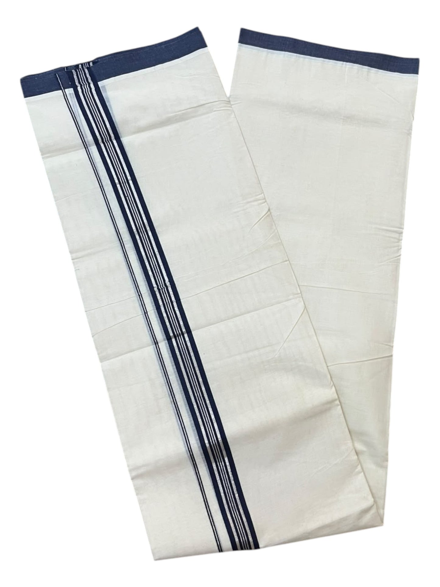 Southloom Pure Cotton Mundu with Silver Lines and Blue Border (South Indian Kerala Dhoti)