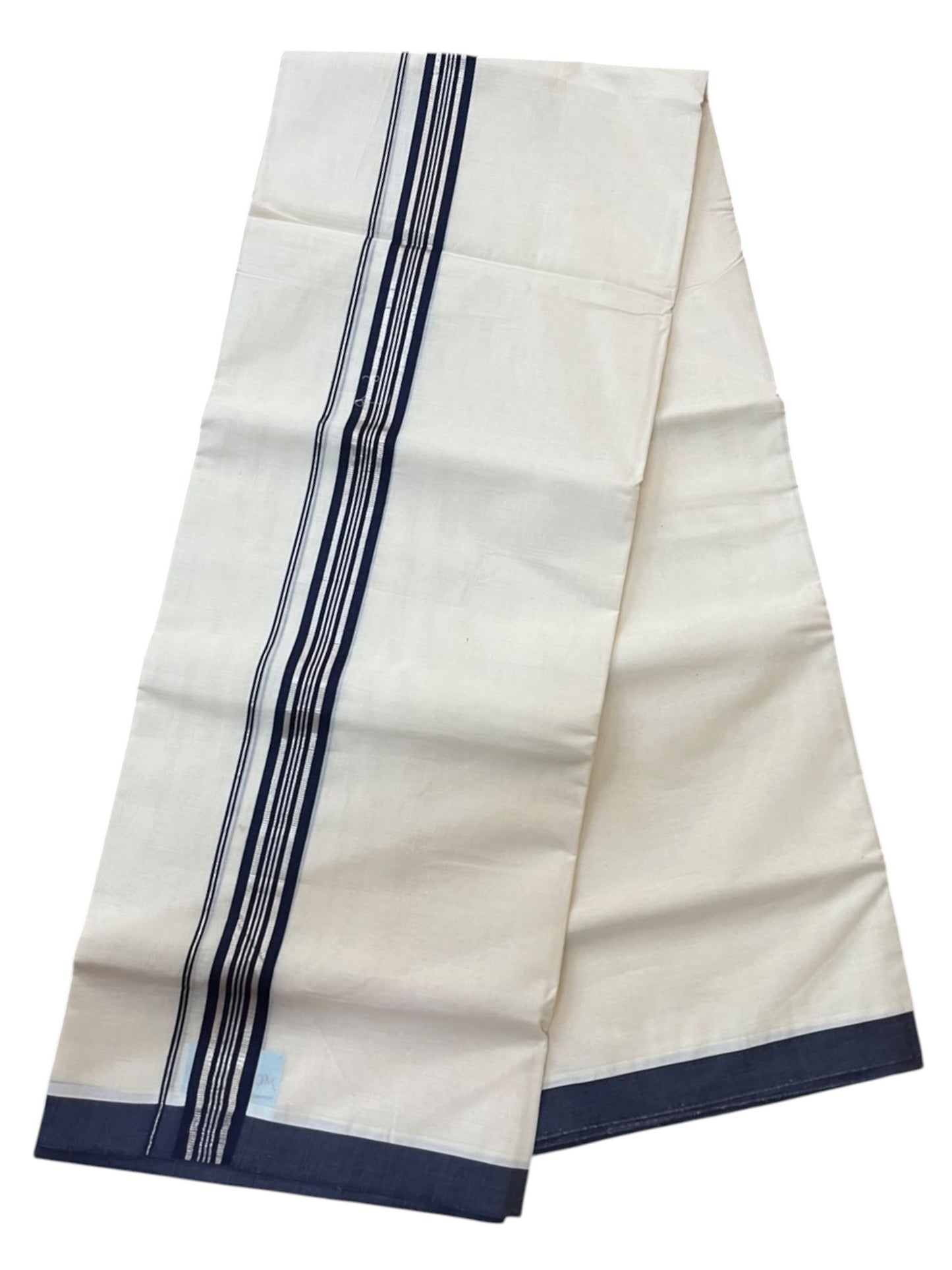 Southloom Pure Cotton Mundu with Silver Lines and Blue Border (South Indian Kerala Dhoti)