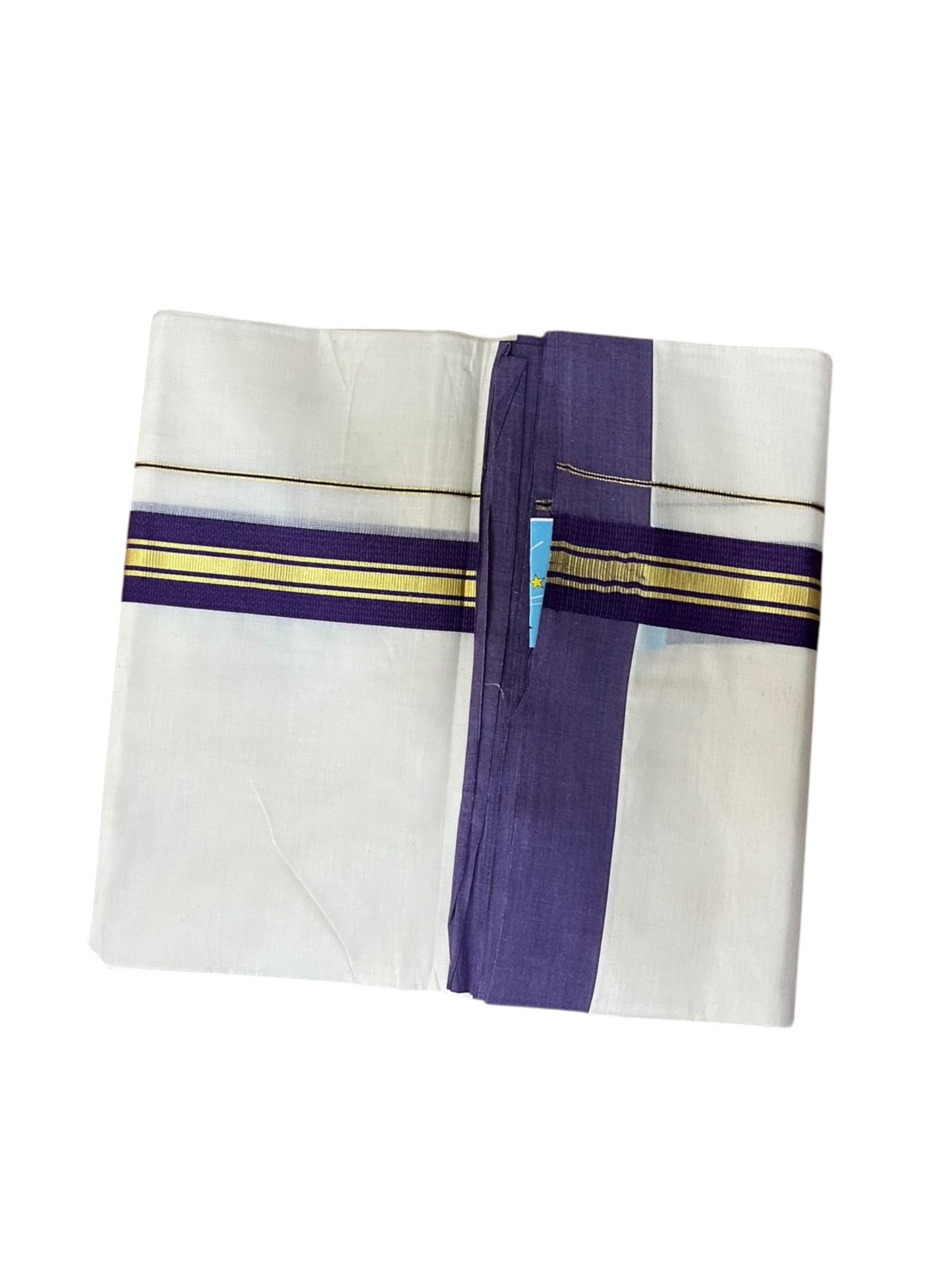 Southloom Pure Cotton Mundu with Gold Lines and Voilet Border (South Indian Kerala Dhoti)