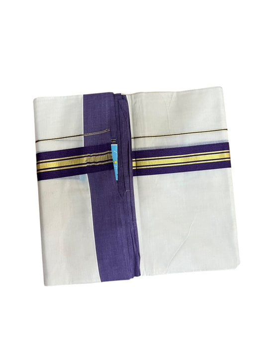 Southloom Pure Cotton Mundu with Gold Lines and Voilet Border (South Indian Kerala Dhoti)