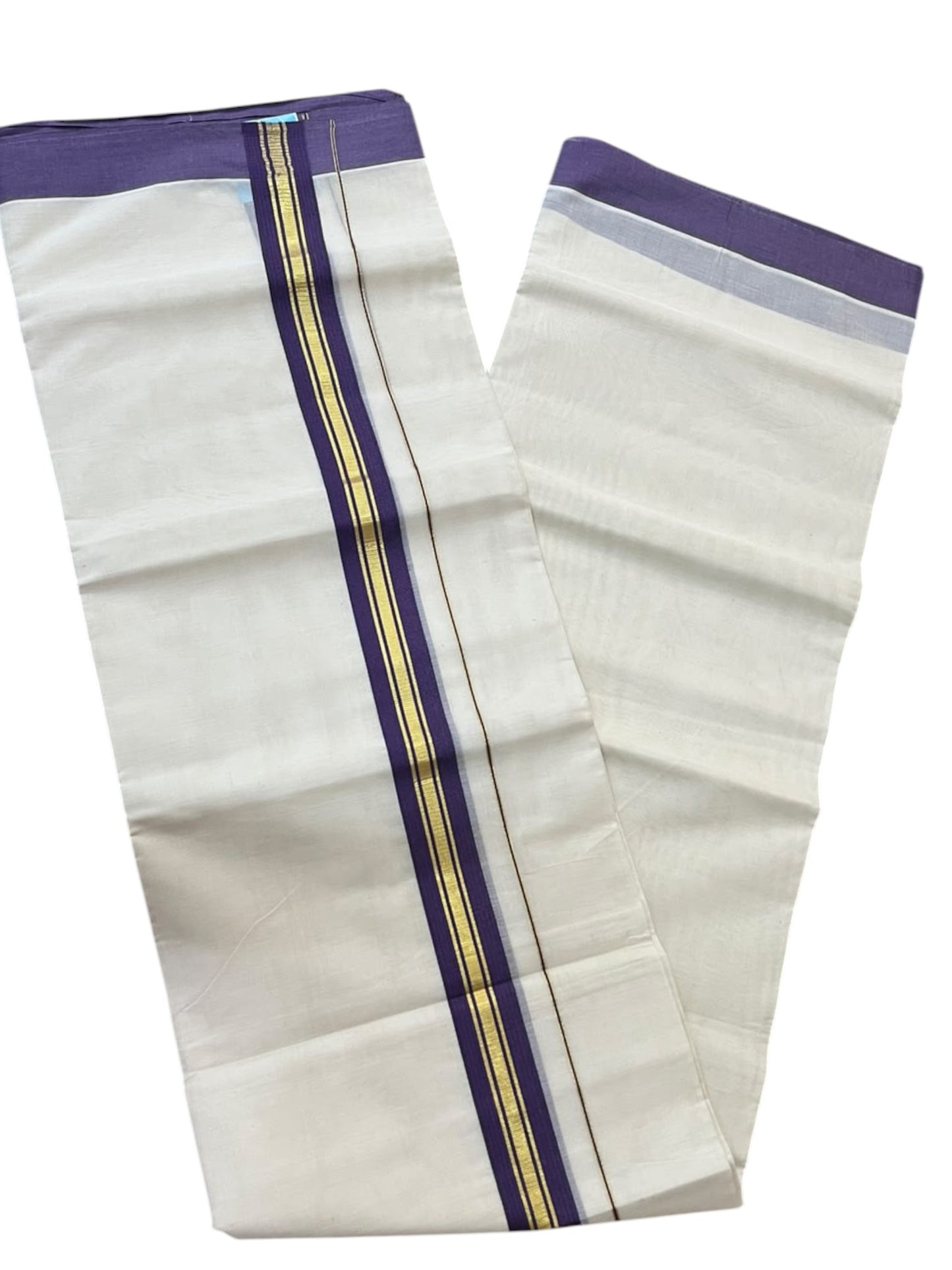 Southloom Pure Cotton Mundu with Gold Lines and Voilet Border (South Indian Kerala Dhoti)