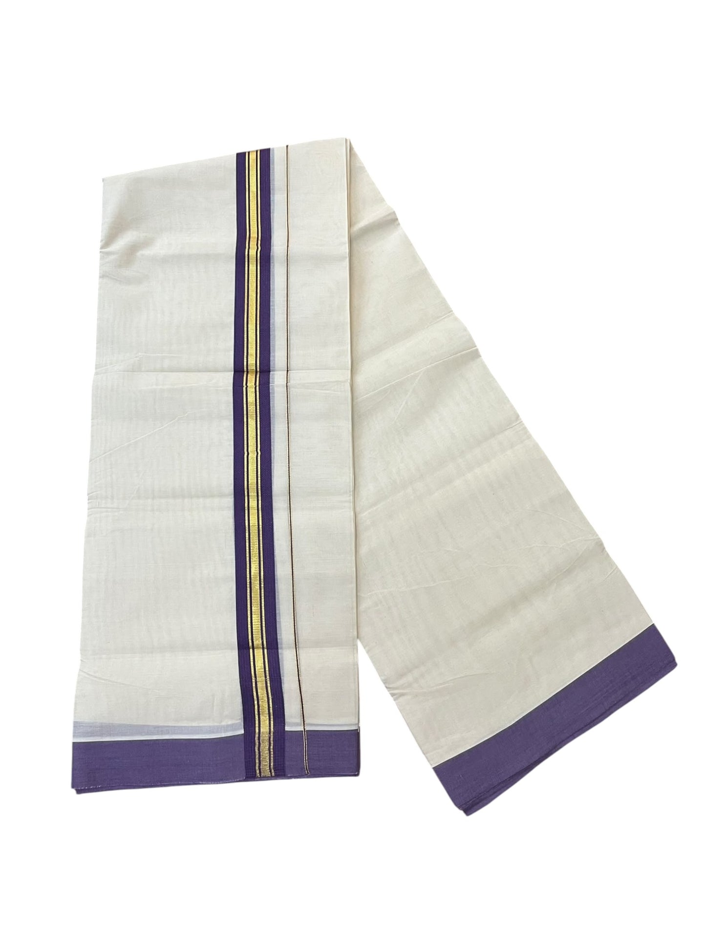 Southloom Pure Cotton Mundu with Gold Lines and Voilet Border (South Indian Kerala Dhoti)