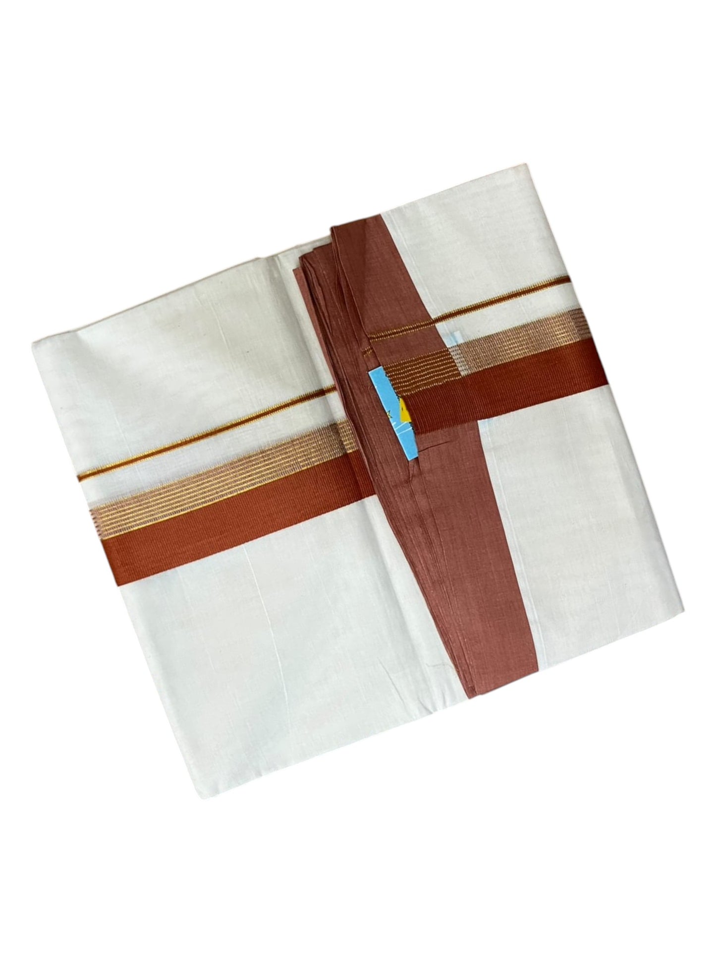 Southloom Pure Cotton Mundu with Gold Lines and Brown Border (South Indian Kerala Dhoti)