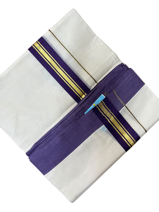 Southloom Pure Cotton Mundu with Gold Lines and Voilet Border (South Indian Kerala Dhoti)