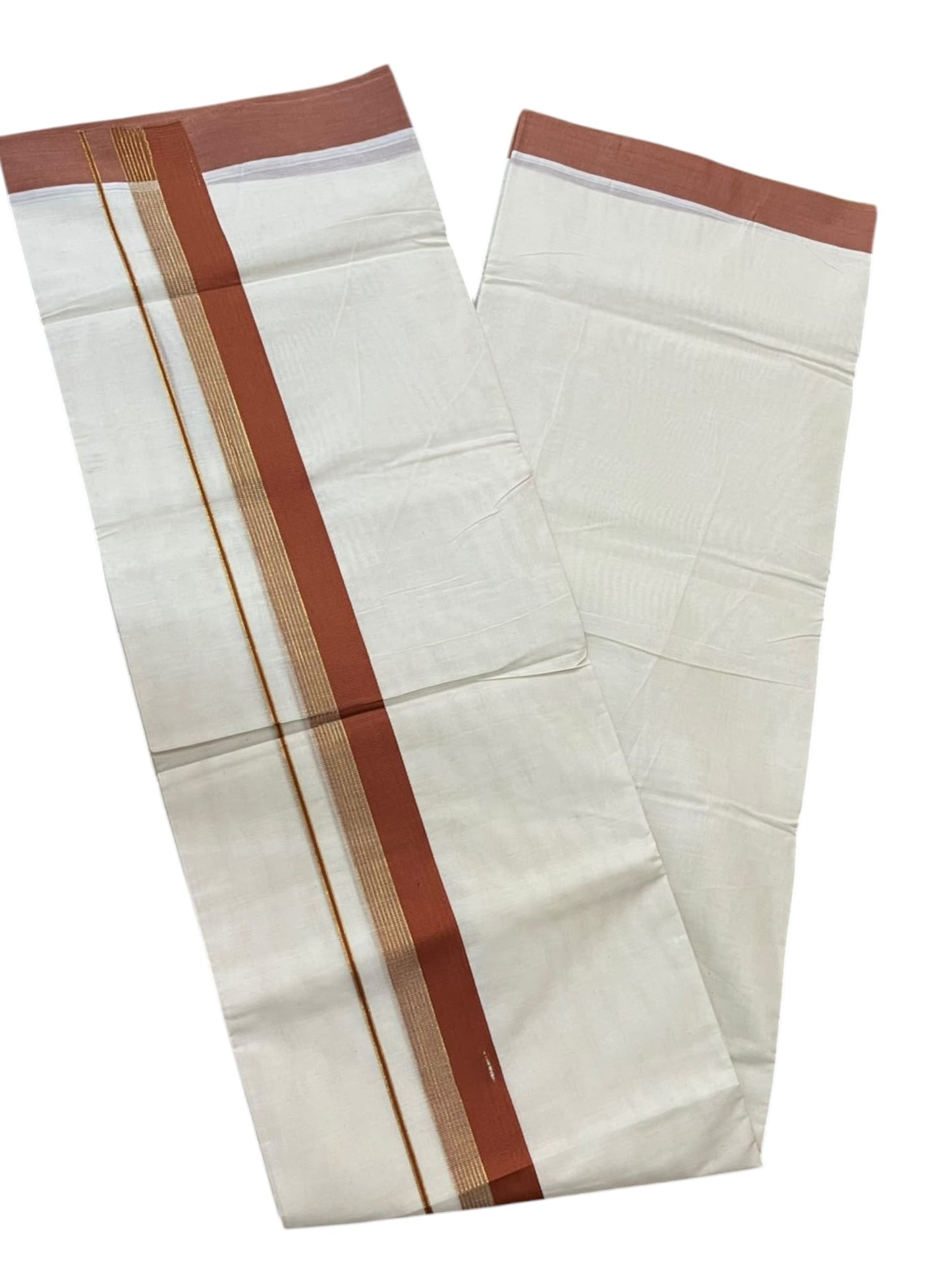 Southloom Pure Cotton Mundu with Gold Lines and Brown Border (South Indian Kerala Dhoti)
