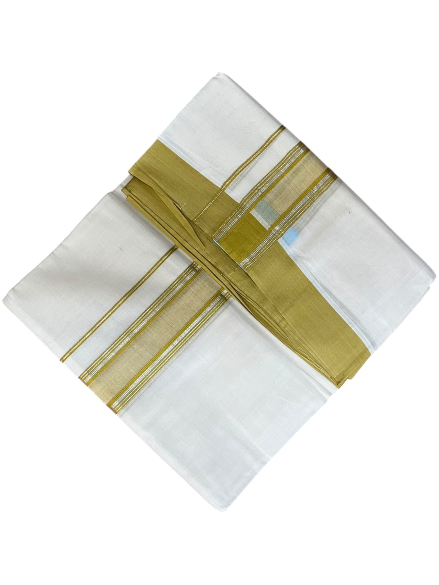 Southloom Pure Cotton Mundu with Silver Lines and Mustard Yellow Border (South Indian Kerala Dhoti)