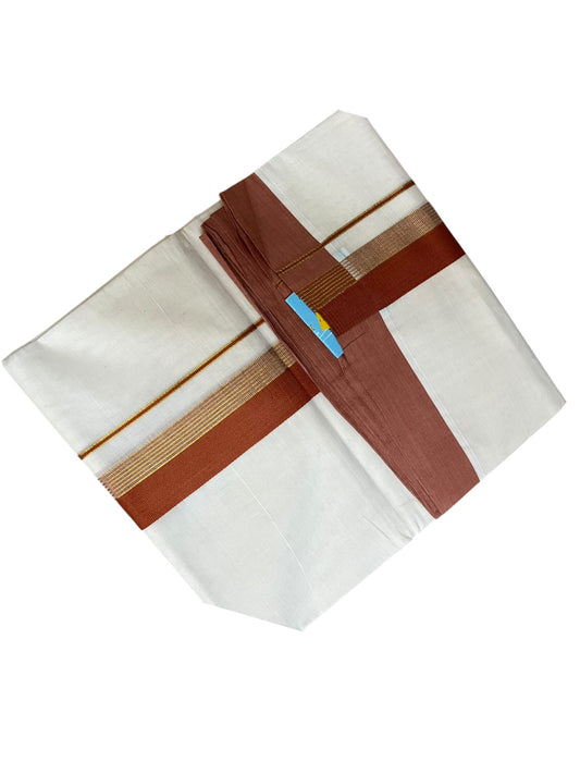 Southloom Pure Cotton Mundu with Gold Lines and Brown Border (South Indian Kerala Dhoti)