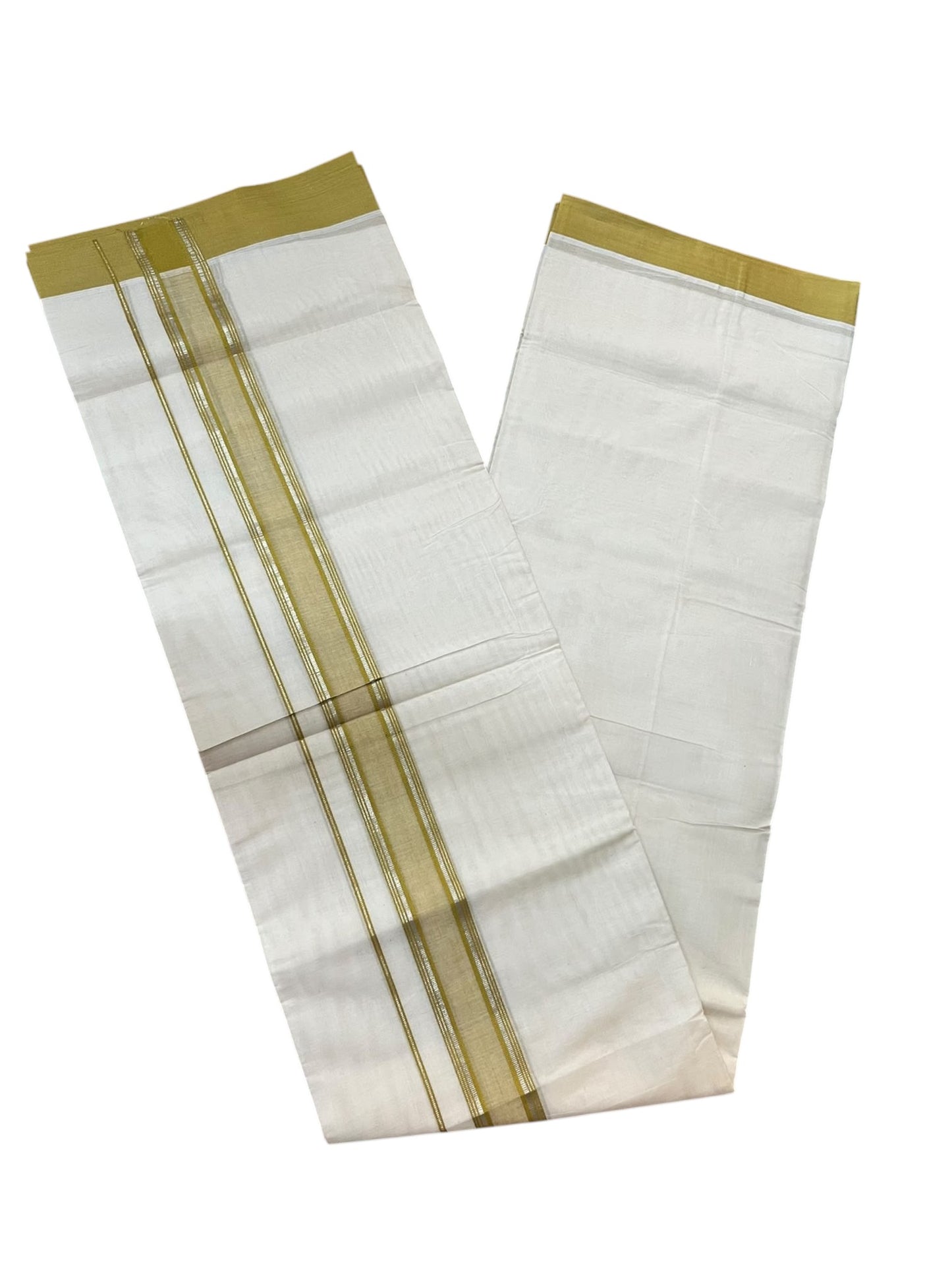 Southloom Pure Cotton Mundu with Silver Lines and Mustard Yellow Border (South Indian Kerala Dhoti)
