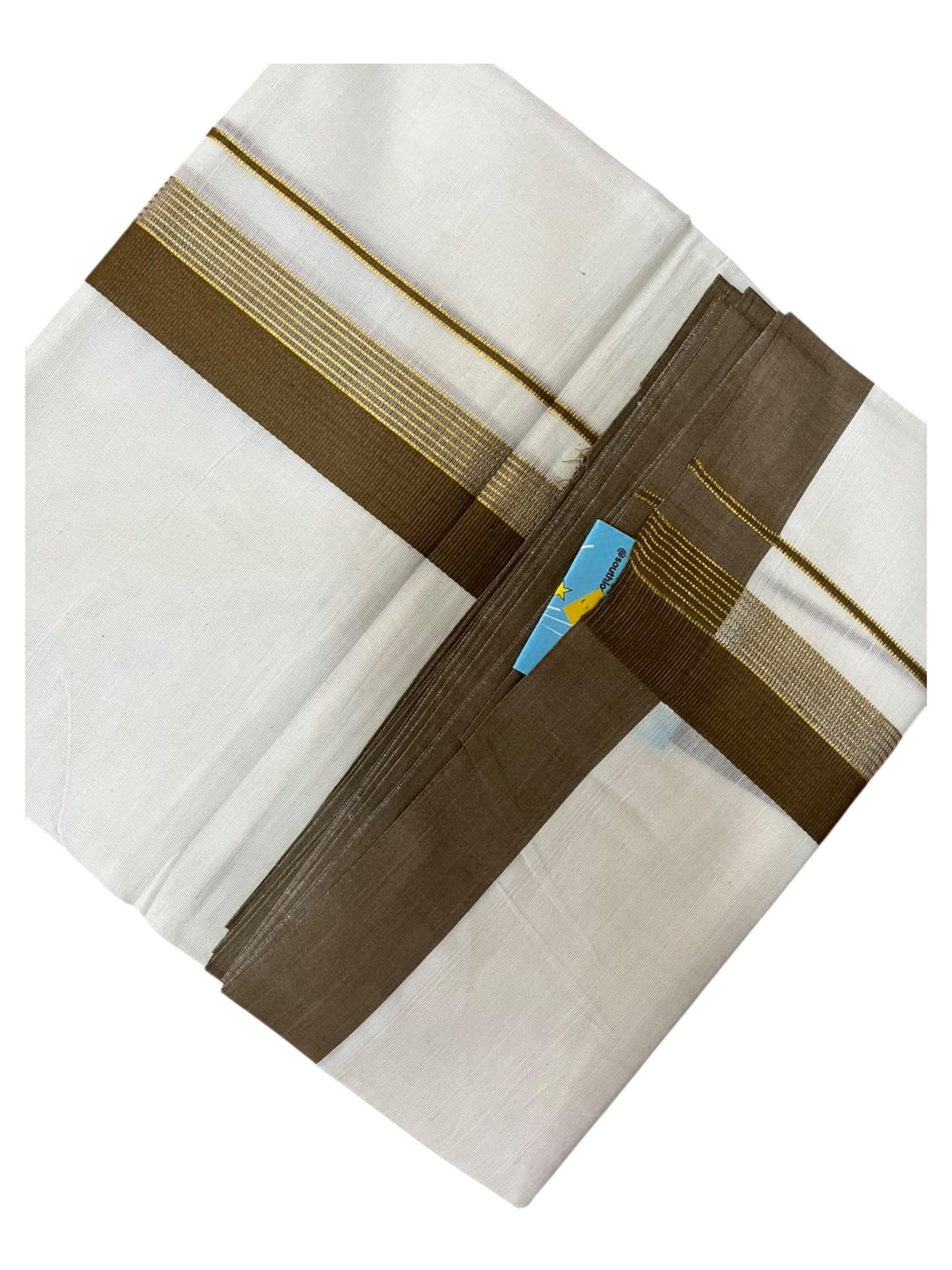 Southloom Pure Cotton Mundu with Gold Lines and Olive Green Border (South Indian Kerala Dhoti)